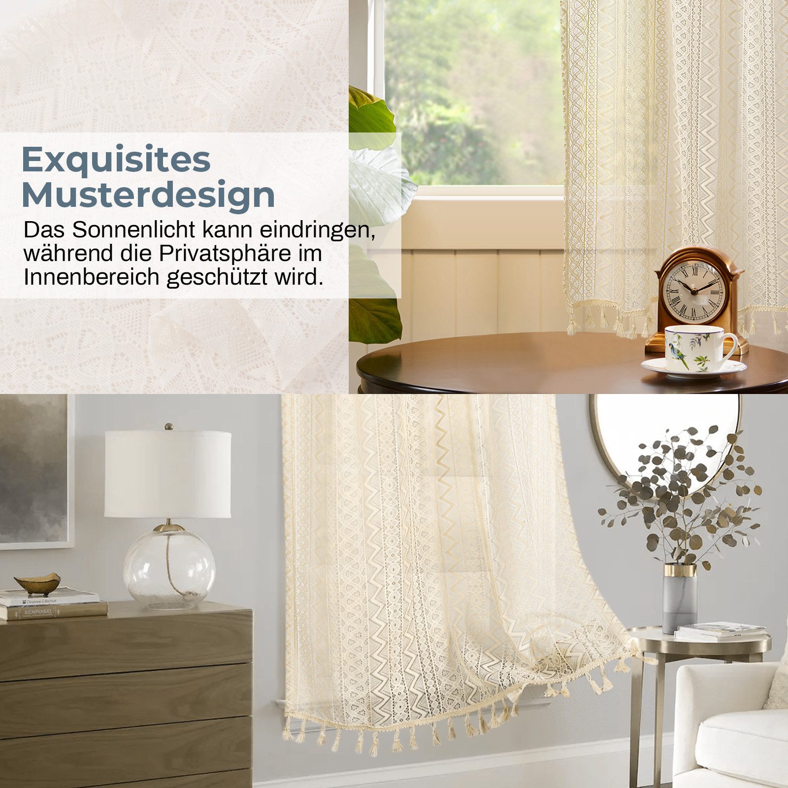 Qelus Gardine Boho Halbtransparent Gardinen Vintage Quaste Rutentasche Vorh günstig online kaufen