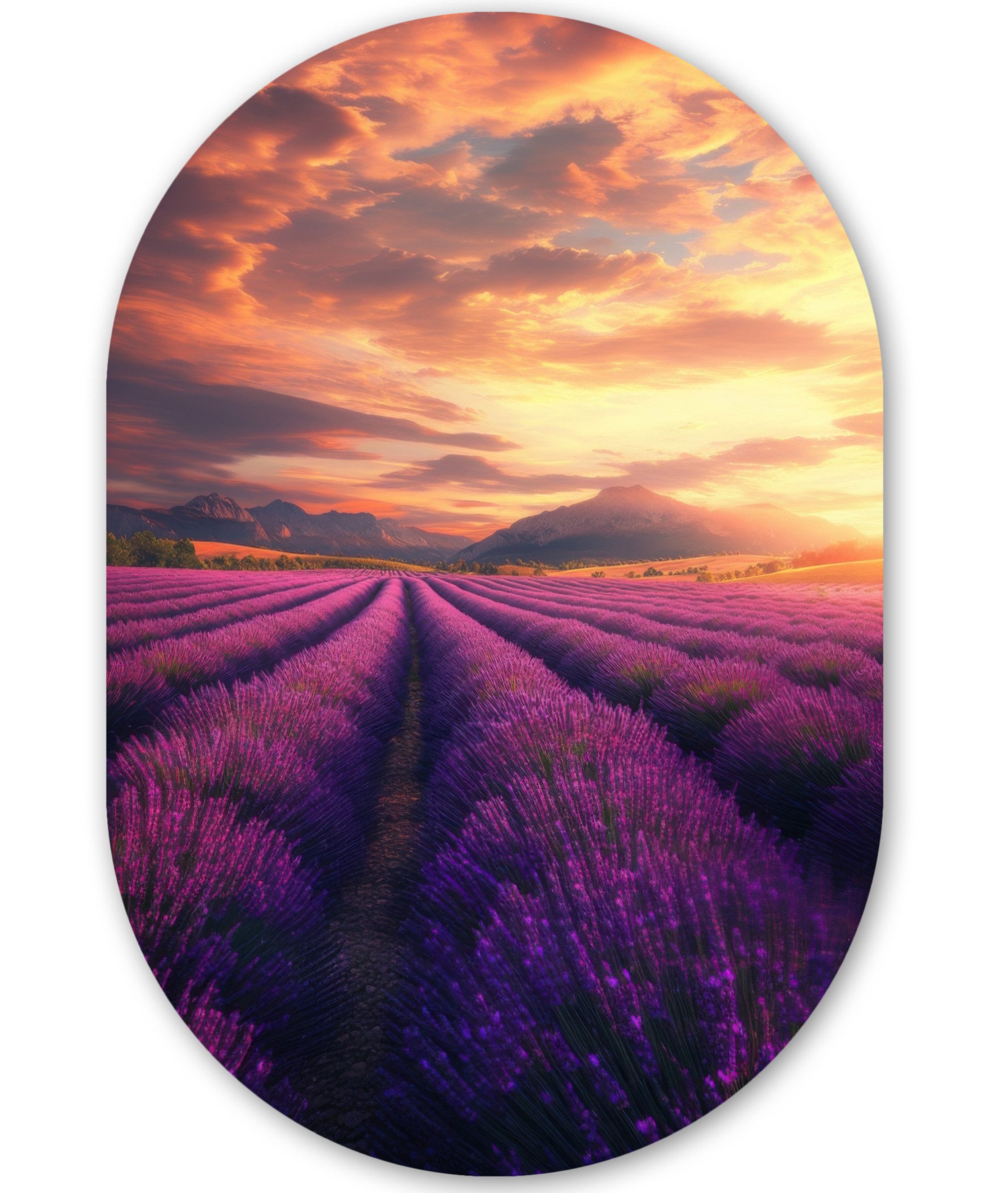 MuchoWow Gemälde Lavendelfeld - Sonnenuntergang - Lila, Fotodruck (1 St), Wandbild Oval, Wohnzimmer oder Schlafzimmer Wanddekoration, 40x60 cm