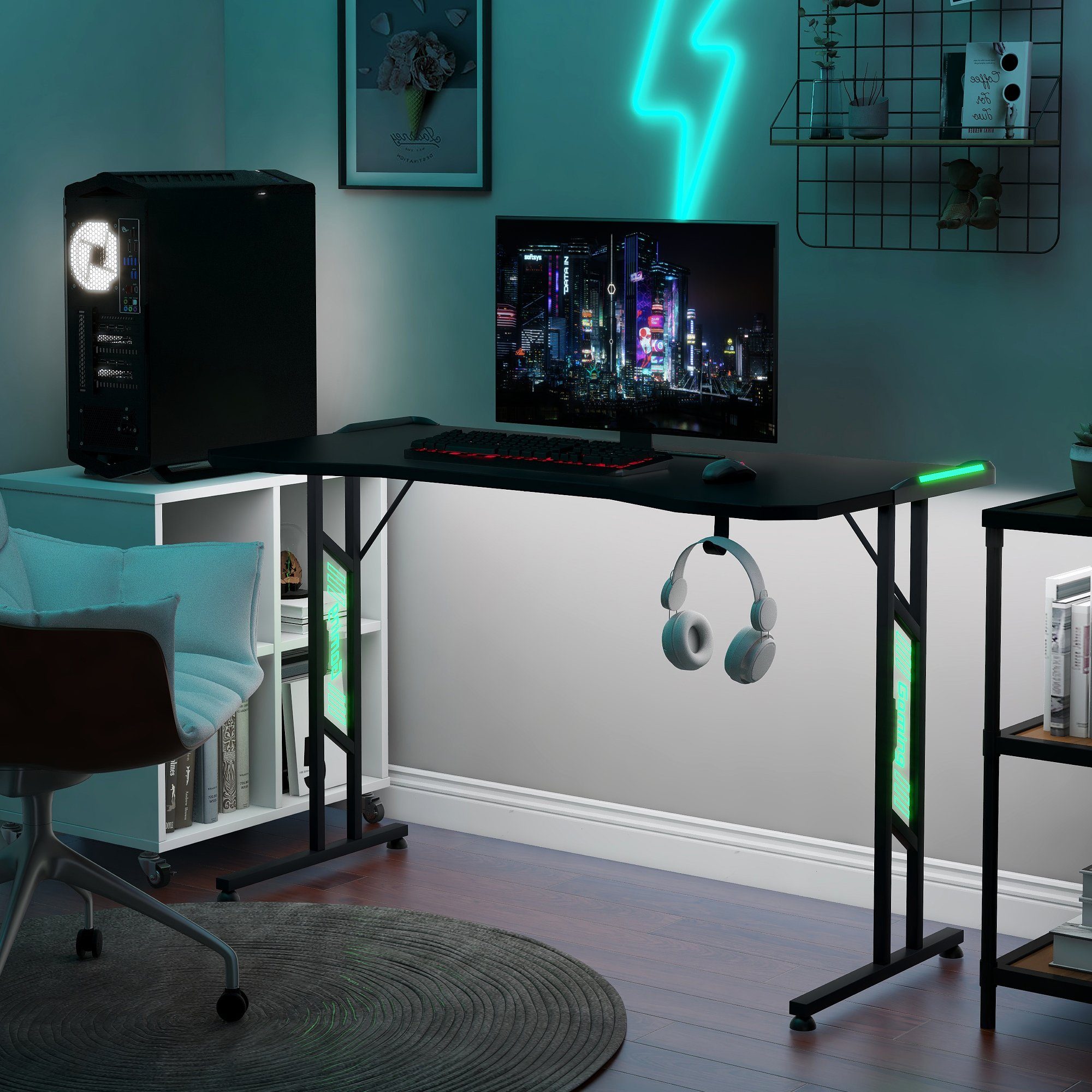 Multifunktion Desk Computertisch LED-Beleuchtung, mit Fernbedienung und Sieg, Flieks Gamingtisch Gaming