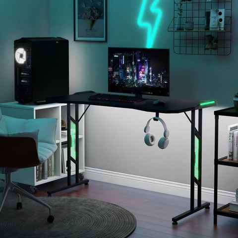 Flieks Gamingtisch Sieg, Gaming Desk Computertisch mit LED-Beleuchtung, Multifunktion und Fernbedienung