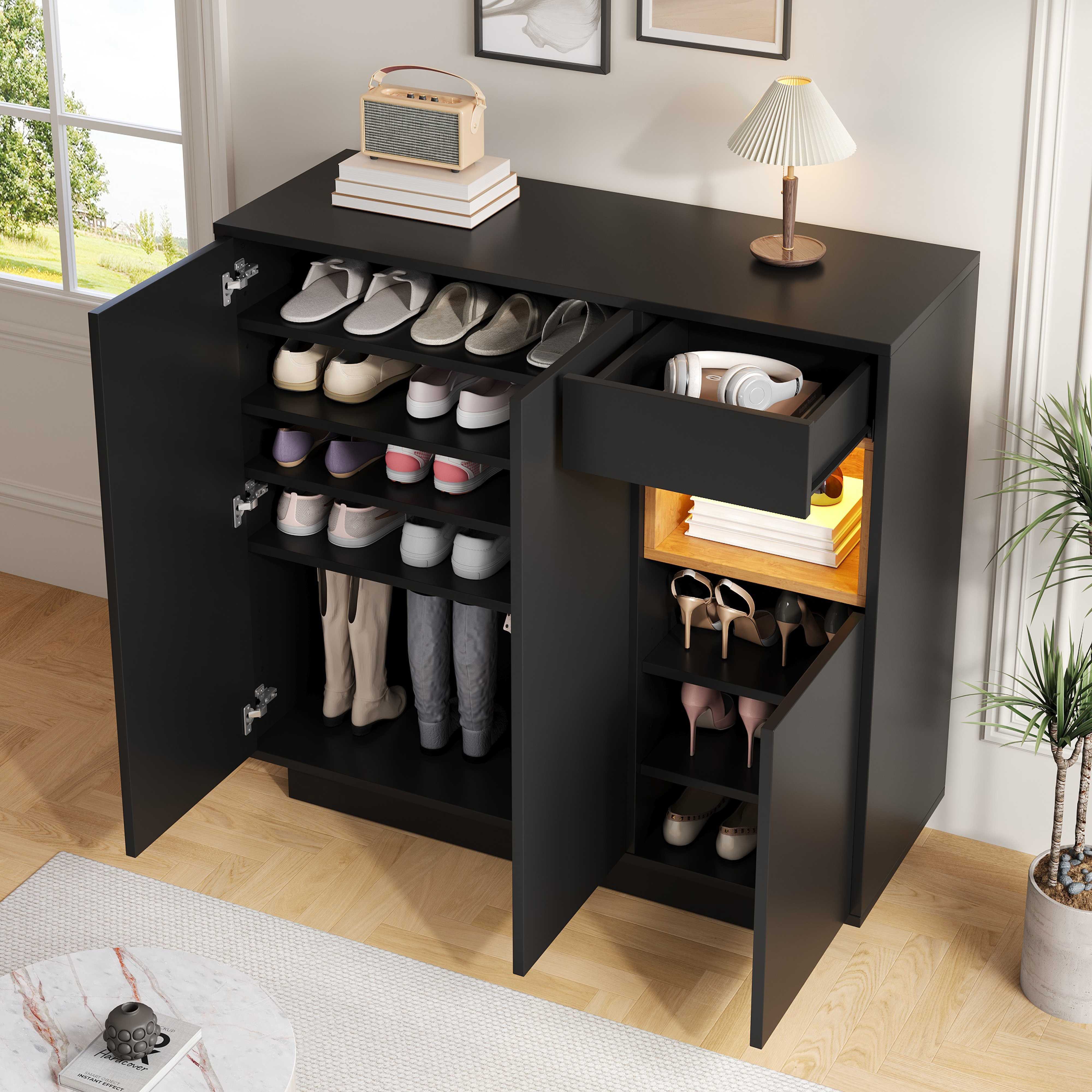 BlingBin Schuhschrank Schuhkipper Schuhkommode Schuhregal (Er bietet Platz für 14–18 Paar Schuhe, 1-St., mit LED,Schublade,verstellbaren Einlegeböden,3 Türen) 105x39,5x100,5cm,für modernen Eingangsbereich
