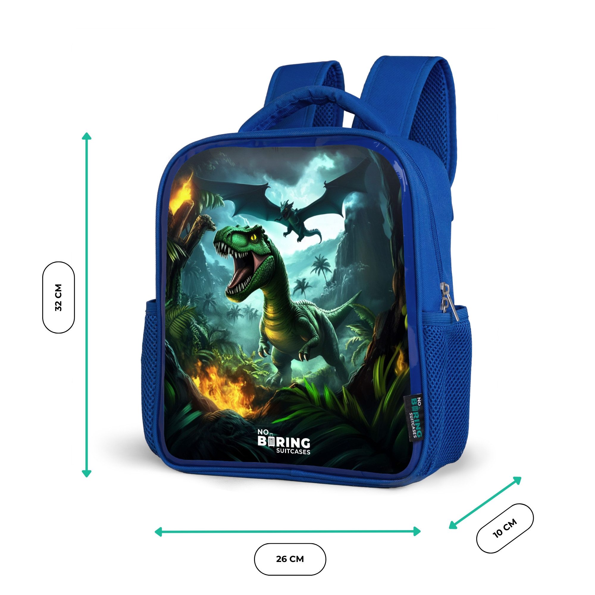 NoBoringSuitcases.com© Rucksack Blau - Dinosaurier und Drache im feurigen Dschungeltal, Kinderrucksack, Schulrucksack, Freizeitrucksack, Jungen, Kindergarten