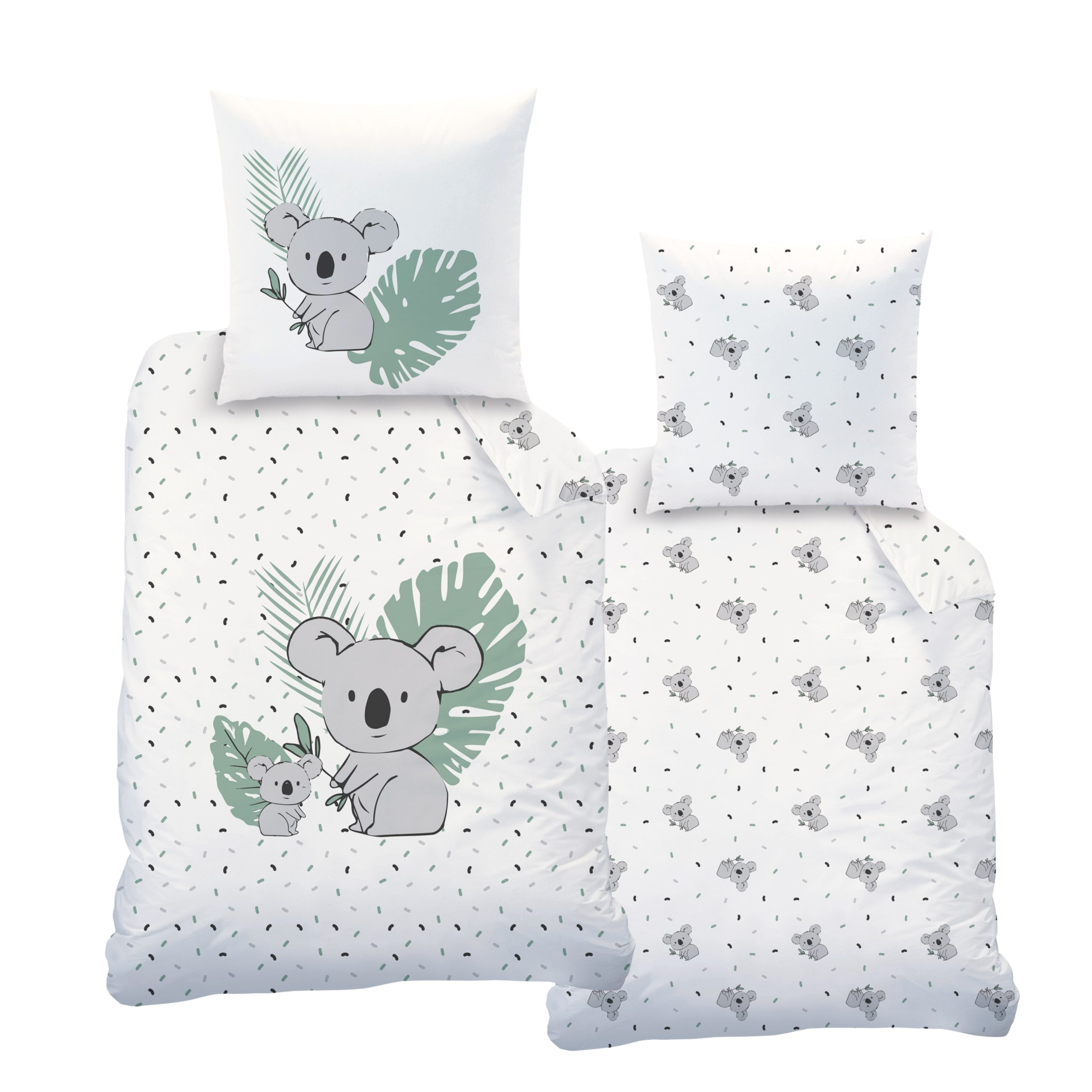 MTOnlinehandel Kinderbettwäsche Mia & Max Biber/ Flanell in 135x200 + 80x80 cm, Koala, 100% Baumwolle, 2 teilig, kuschelig, weich für Herbst und Winter, Eukalyptus