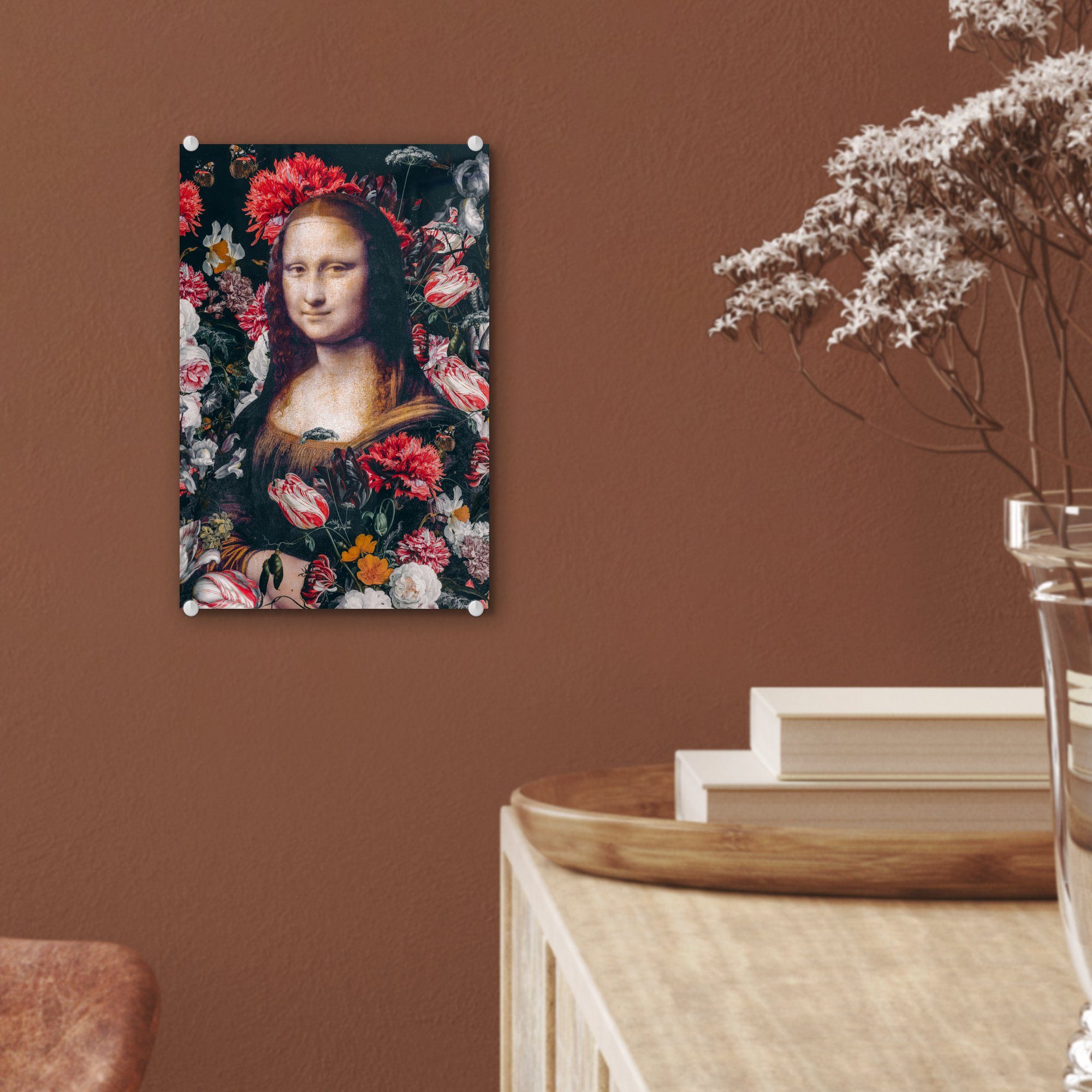Acrylglasbild Rosa, da Foto bunt St), Bilder auf - Wanddekoration (1 Leonardo Blumen - - MuchoWow - Glas Mona Vinci Glas Wandbild auf Lisa - Glasbilder -