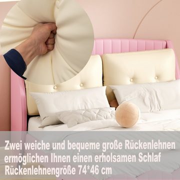 HAUSS SPLOE Kinderbett Polsterbett Funktionsbett Bettrahmen Jugendbett Doppelbett (Doppelbett aus Leder, geeignet für Erwachsene und Jugendliche, mit Lattenrost, Rückenlehne und zwei großen Kissen 140 x 200 cm), ohne Matratze, Kein Kissen