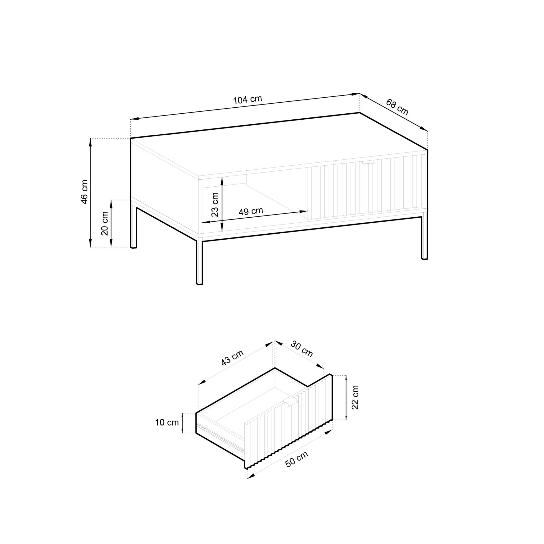 Selsey Couchtisch VELLORE, mit geriffelter Front, Schublade & offenes Fach, Gold-Metallgestell