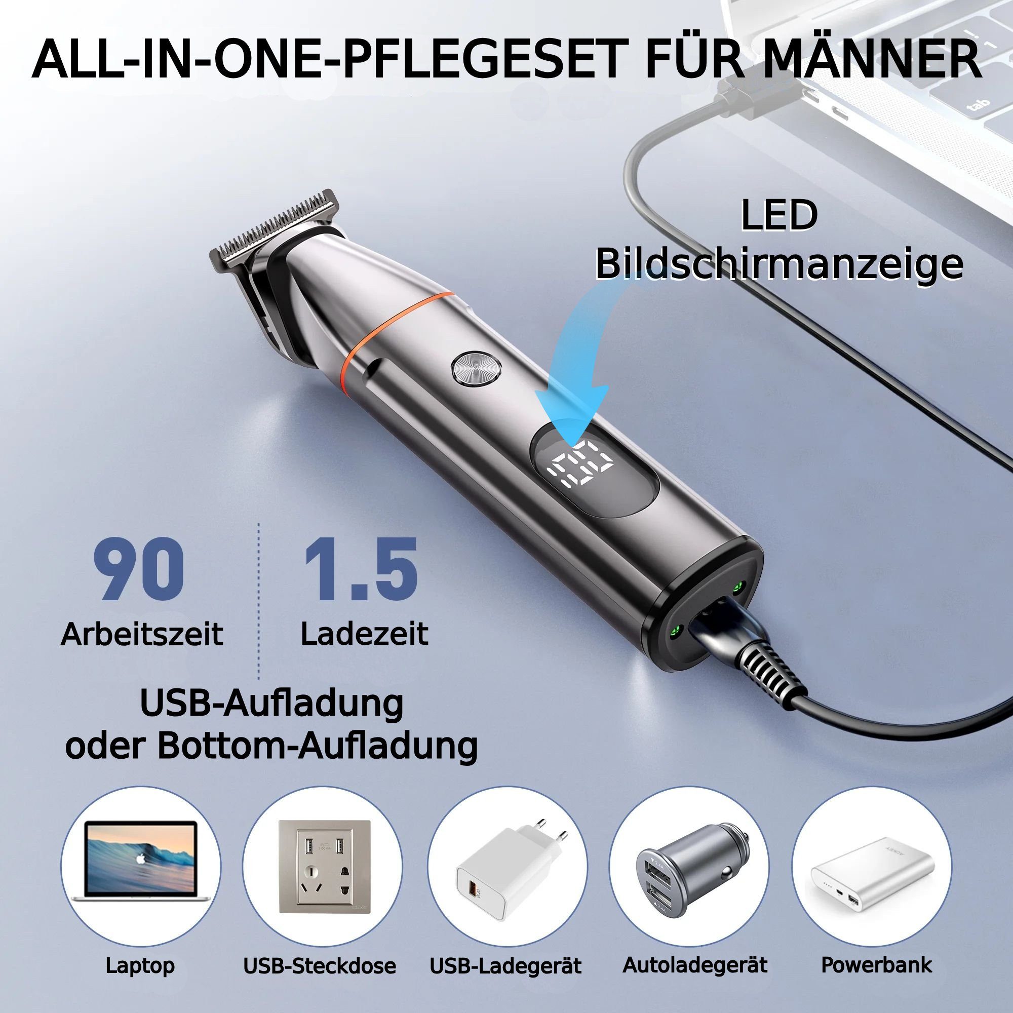 ibettertec Haarschneider Barttrimmer Bartschneider Herren 5 in 1 Haarschneidemaschine Set, 100% wasserdicht,LED-Anzeige, Lange Standbyzeit