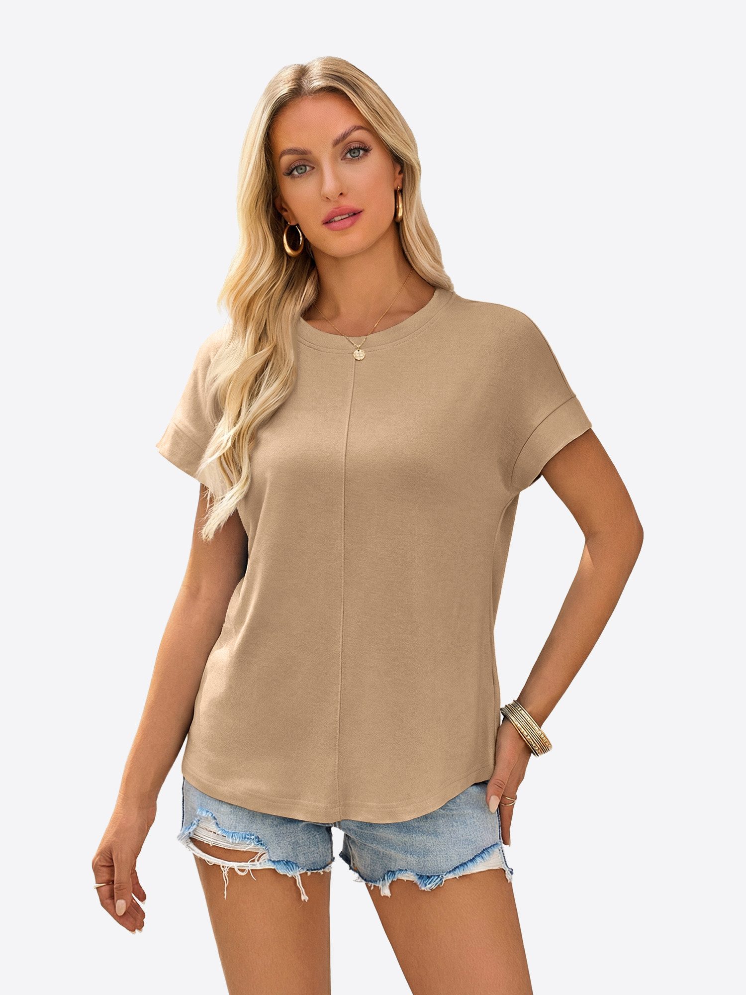 Imily Bela Kurzarmshirt Damen mit Fledermausärmel Regular Fit Basic Casual (Packung, 1-tlg., 1per-Pack) mit Teilungsnähte in Unifarbe