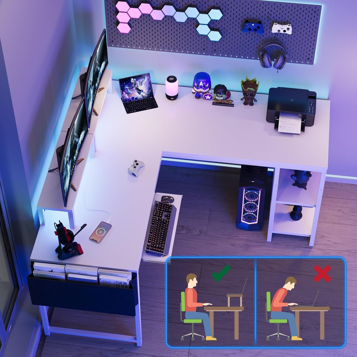 HOMALL Eckschreibtisch Eckschreibtisch Computertisch mit Monitorständer und Tastaturständer (mit RGB LED, Monitorständer & Ablagefach, 2 Steckdosen + 2 USB-Anschlüsse)