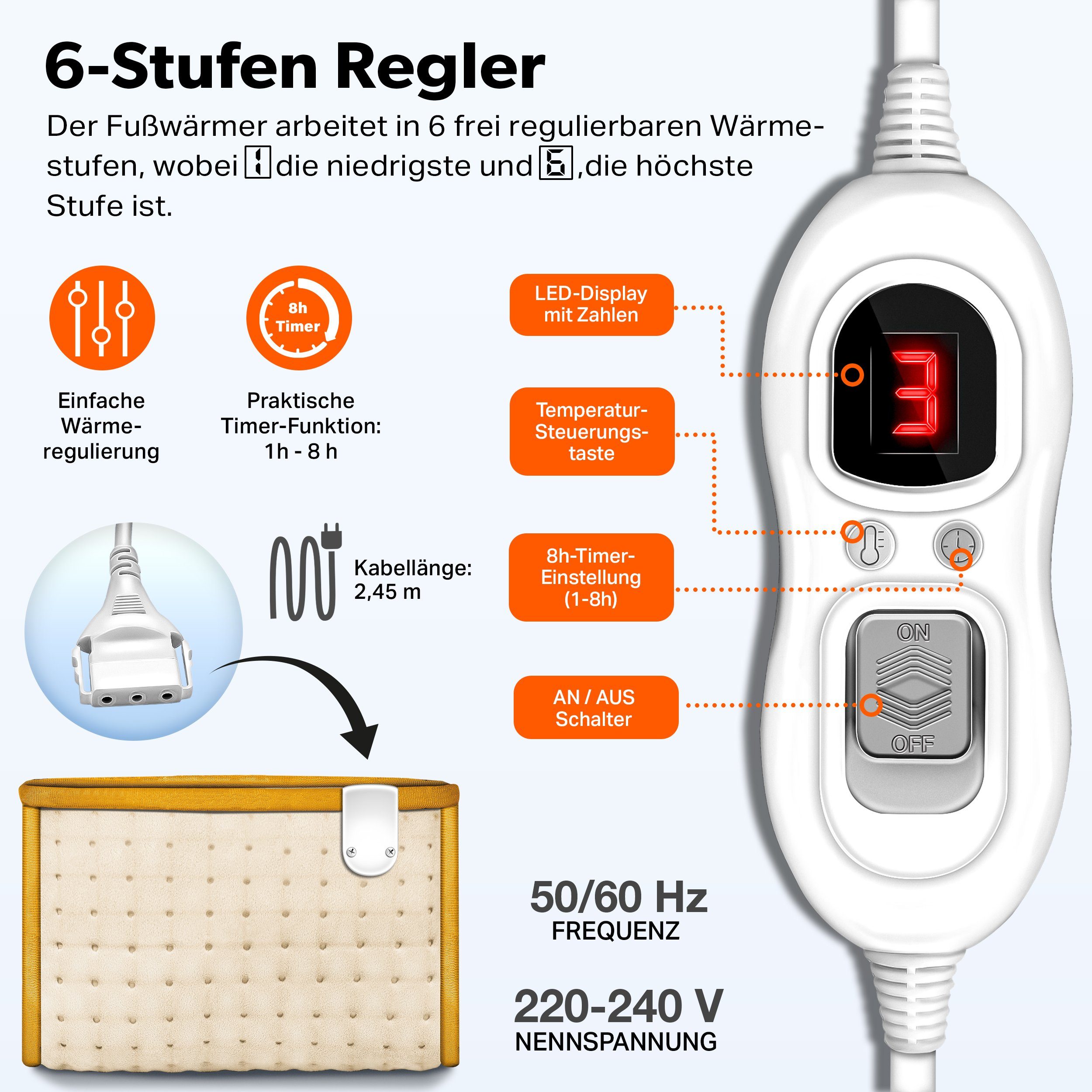 sinnlein Elektrofußwärmer Fußwärmer elektrisch Beige Fußheizung Fußsack elektronisch, 6 Temperaturstufen & Timer, Überhitzungsschutz & Abschaltautomatik