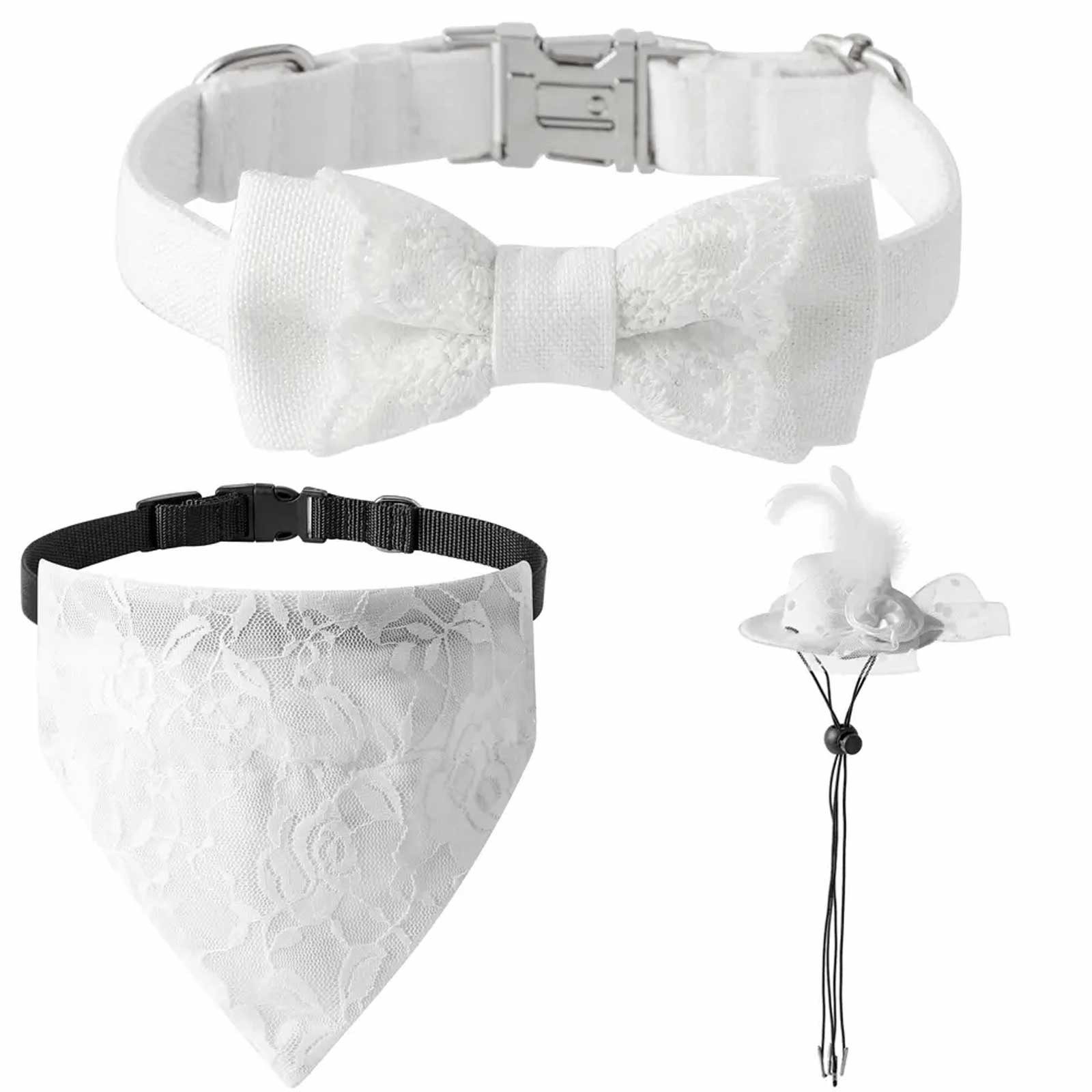 Hunde-Halsband Hundehalsband Hochzeit Set Schleife, Halstuch Hut weiß - M