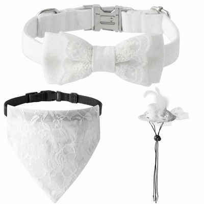 Monkimau Hunde-Halsband Hundehalsband Hochzeit Set mit Schleife, Halstuch und Hut in weiß - S