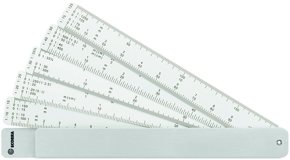 Zeichenlineal Fächermaßstab 5 Kunststoffstreifen 150mm Aluminiumetui