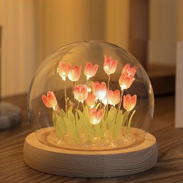 Gontence LED Nachtlicht DIY Tulpen-Nachtlicht mit 16 Blumen, niedliche Simulationsblume, handgefertigte LED-Schlafzimmerlampe, Schlaftischlampe, Schlafzimmer-Schlaftischlampe, handgefertigte Atmosphäre, dekorative Lampe mit Glaskuppel, Geeignet für Frauen, Weihnachts- und Geburtstagsgeschenke