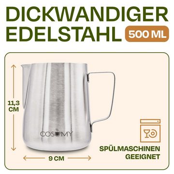 Cosumy Milchkännchen Milchkännchen Edelstahl 500ml mit Henkel, 500 l, (kein Set), Spülmaschinenfest - Messskala im Inneren - Barista Zubehör