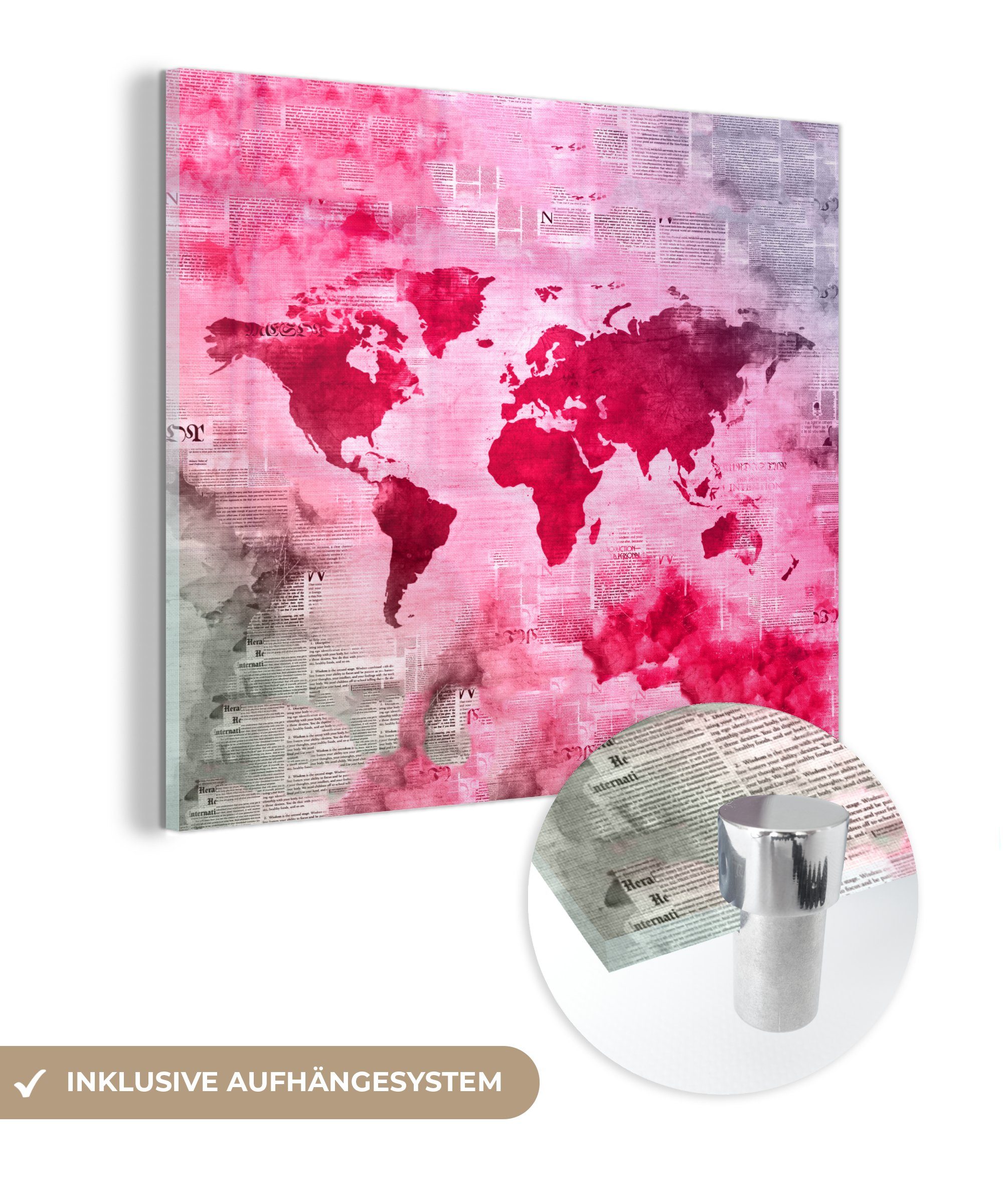 MuchoWow Acrylglasbild Weltkarte - Zeitungen - Rosa, (1 St), Glasbilder - Bilder auf Glas Wandbild - Foto auf Glas - Wanddekoration