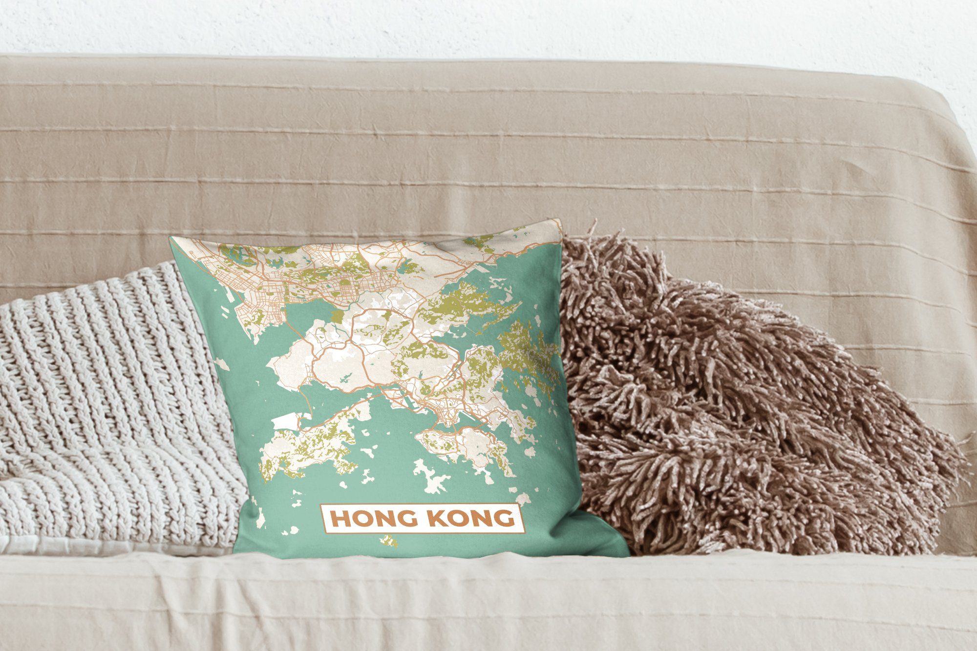 - mit für Deko, Hongkong Stadtplan - Karte, MuchoWow Vintage Zierkissen - Füllung Dekokissen Wohzimmer, Schlafzimmer, - Karte Sofakissen