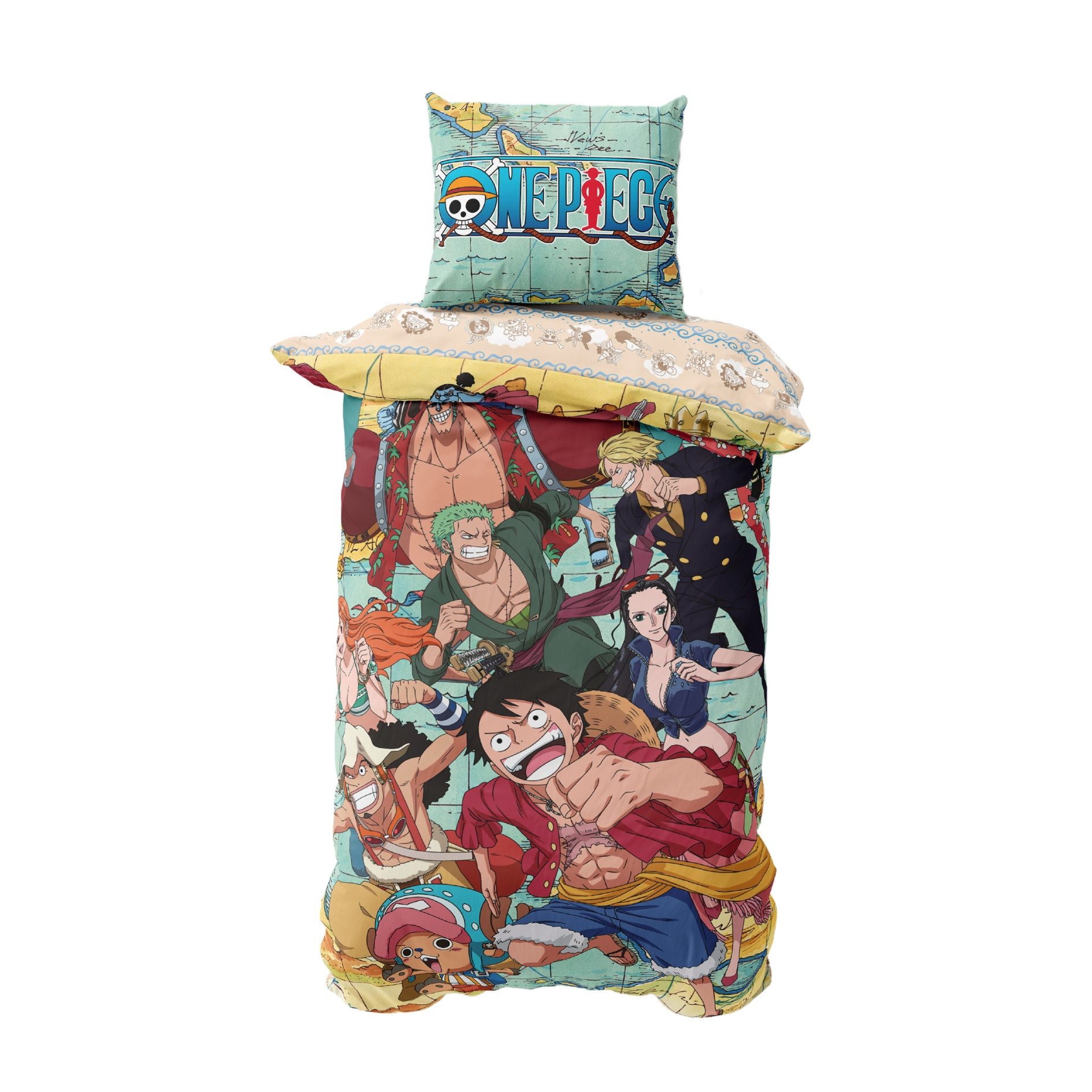 MTOnlinehandel Bettwäsche One Piece Anime 135x200+80x80 cm Ruffy und seine Piratencrew, Microfaser, 2 teilig, Manga, Monkey D. Ruffy, Sanji, Nico Robin, Nami, Tony Tony Chopper