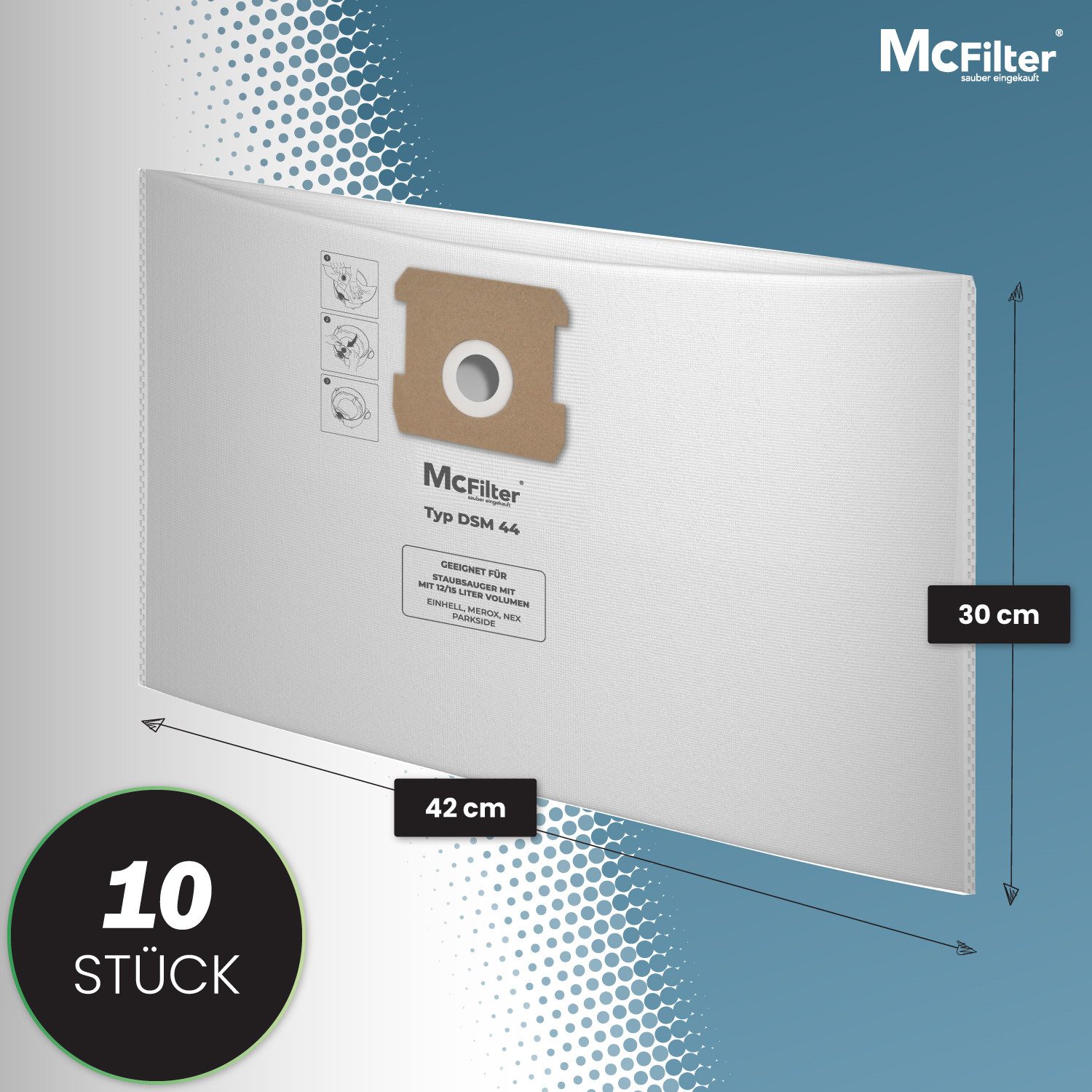 McFilter Staubsaugerbeutel (10 Stück) geeignet für Einhell, passend für ALLE Einhell 10 Liter & 12 Liter Nass-Trockensauger, 10 St., Beutel - Typ DSM 44