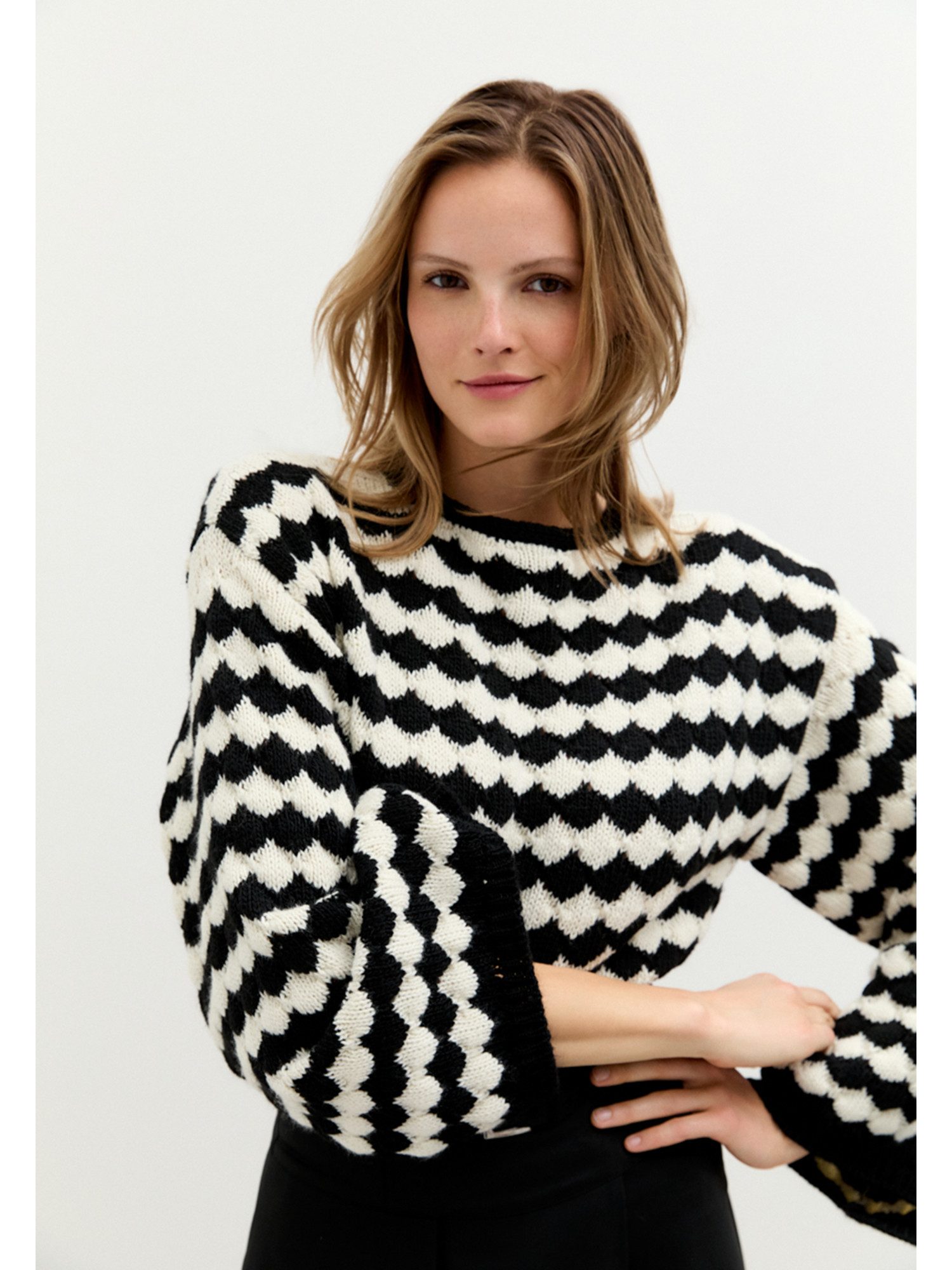 MORE&MORE Strickpullover gestreifter Pullover, voluminöse Ärmel