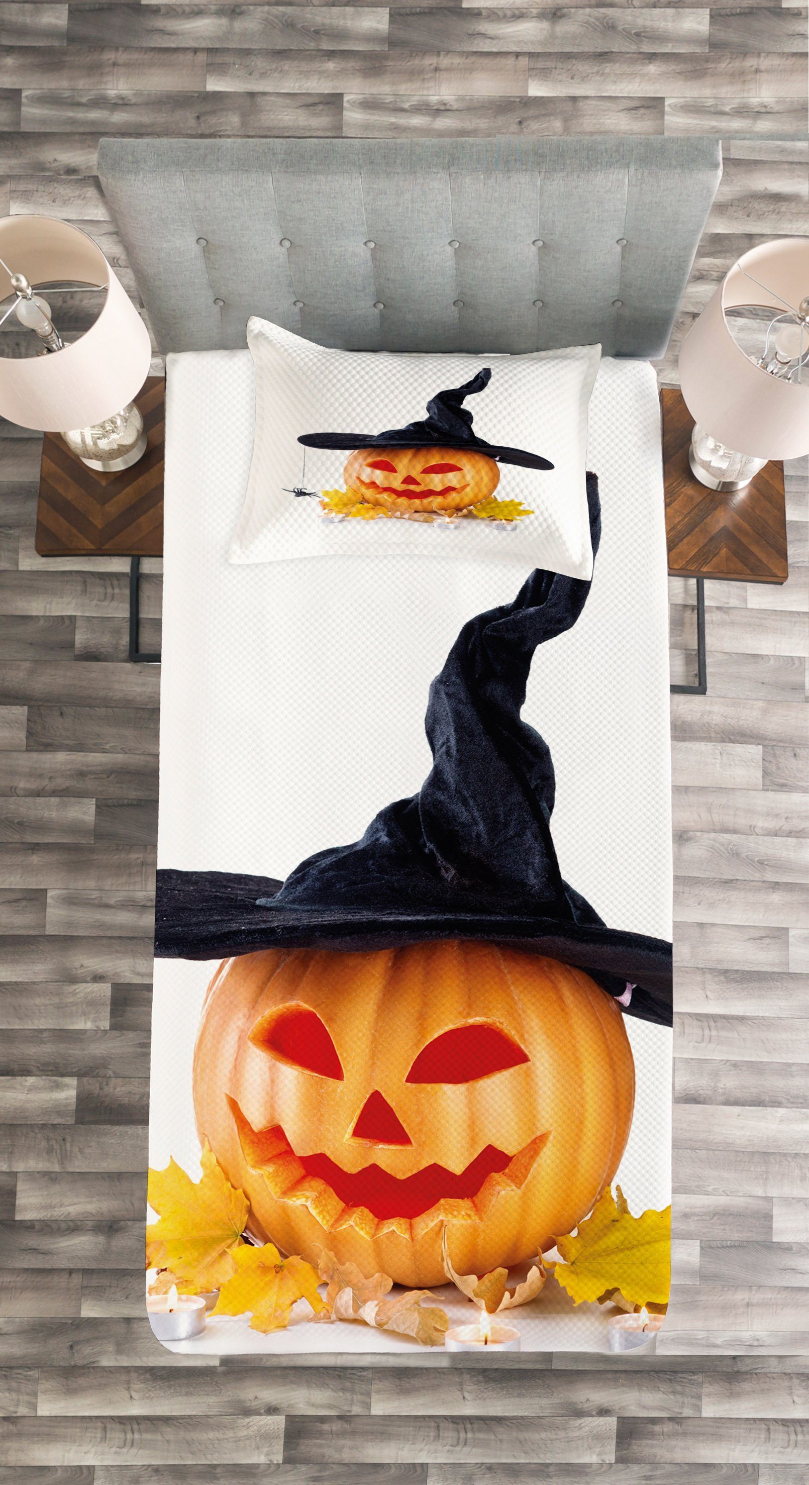 mit Kissenbezügen Waschbar, Abakuhaus, Tagesdecke Halloween-Kürbis-Hexe-Hut Set Halloween