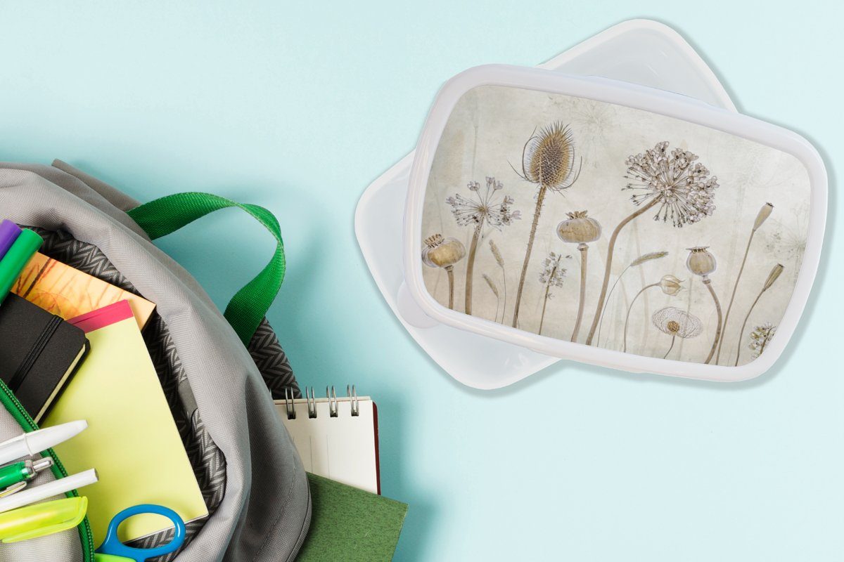 (2-tlg), Brotbox Vintage, - Erwachsene, Kinder Stilleben Lunchbox - - weiß Blumen Aquarell für für MuchoWow Braun - und Mädchen Brotdose, und Jungs Kunststoff,