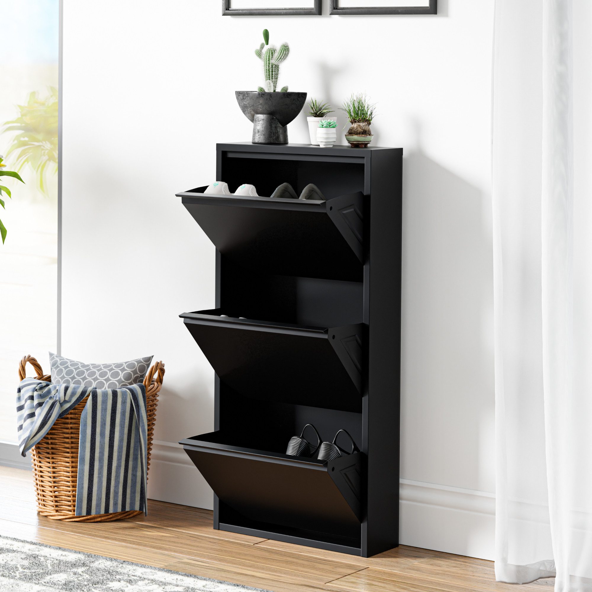 en.casa Schuhschrank »Sokndal« mit 3 Klappen Metall Schwarz günstig online kaufen