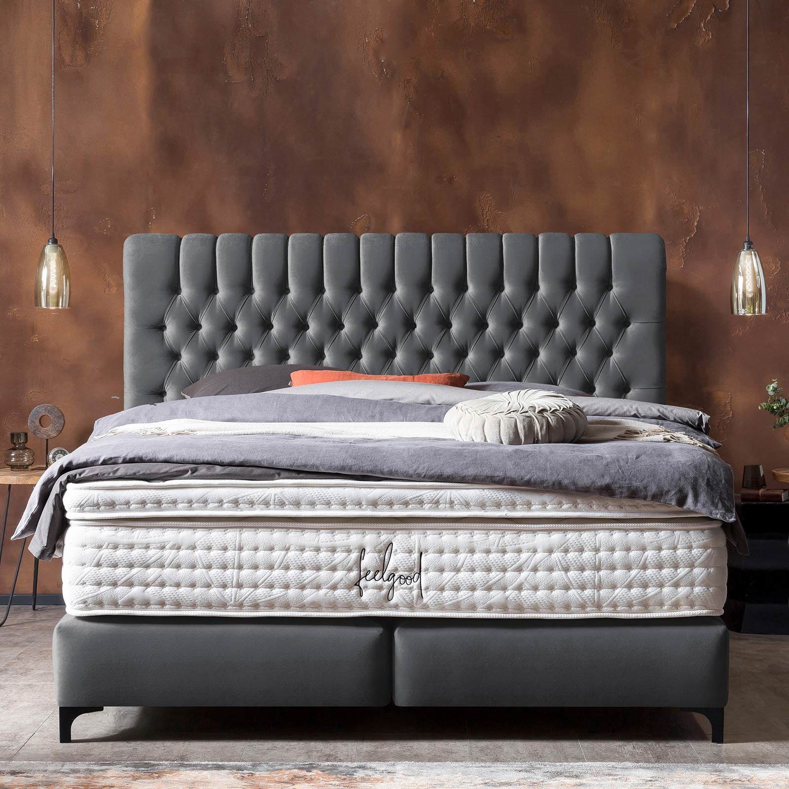 optionaler Velours), (140 + cm, BettCo Boxspringbett Dunkelgrau in Chester Metallfüße Topper, x Schwarze 200 Chesterfield-Design