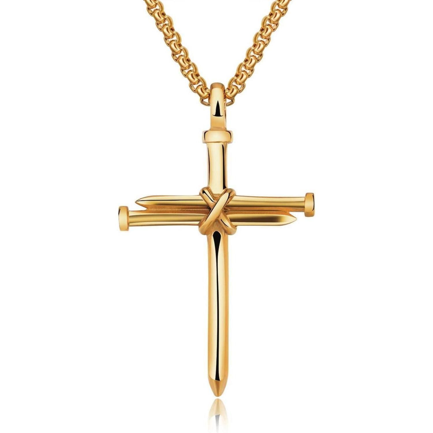 LuxusKollektion Kette und Anhänger Set Halskette Edelstahl Kreuz Anhänger Nägel Punk Herren Gold