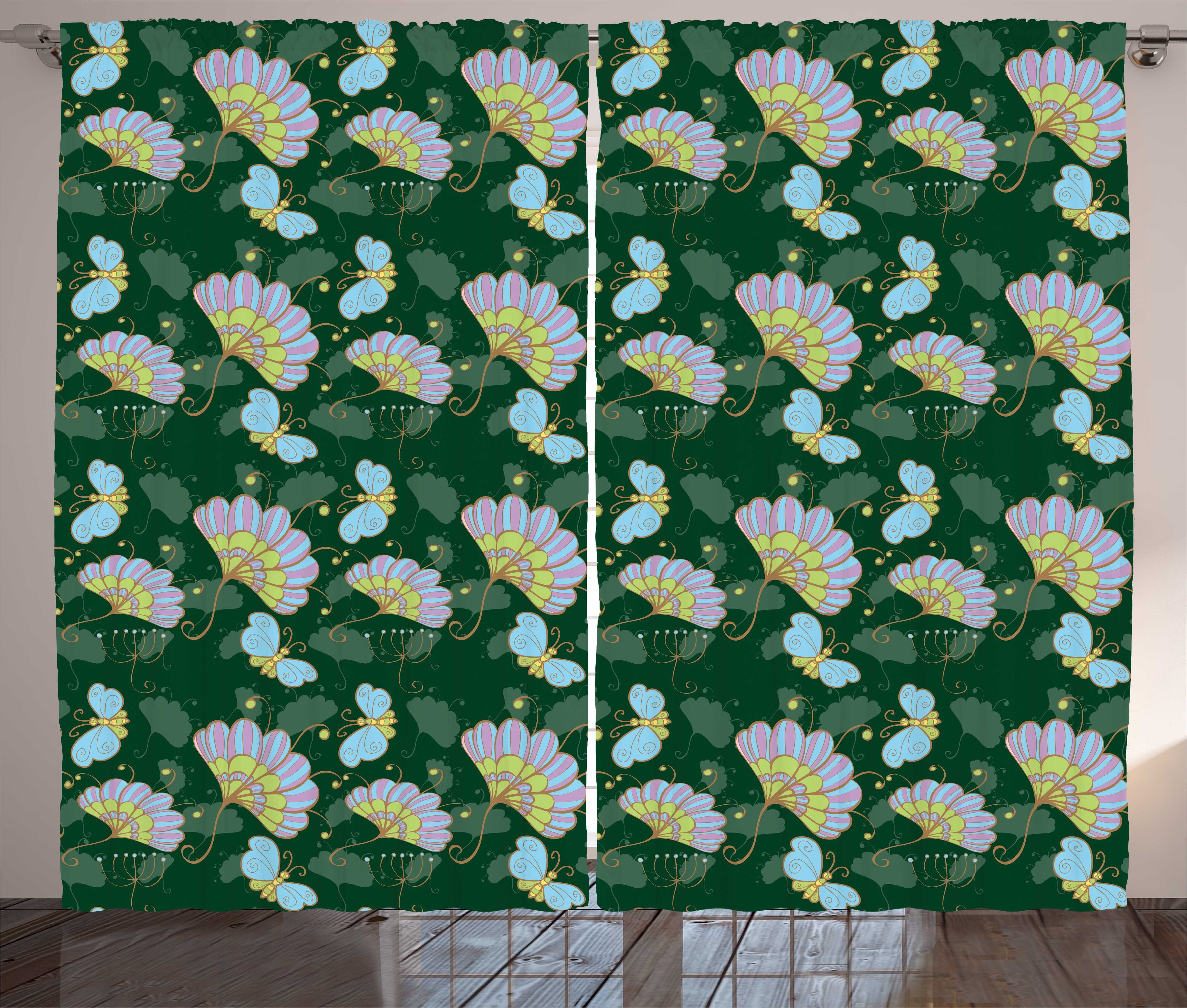 Gardine Schlafzimmer Kräuselband Vorhang mit Schlaufen und Haken, Abakuhaus, Blumen Cartoonish Blumen Schmetterling