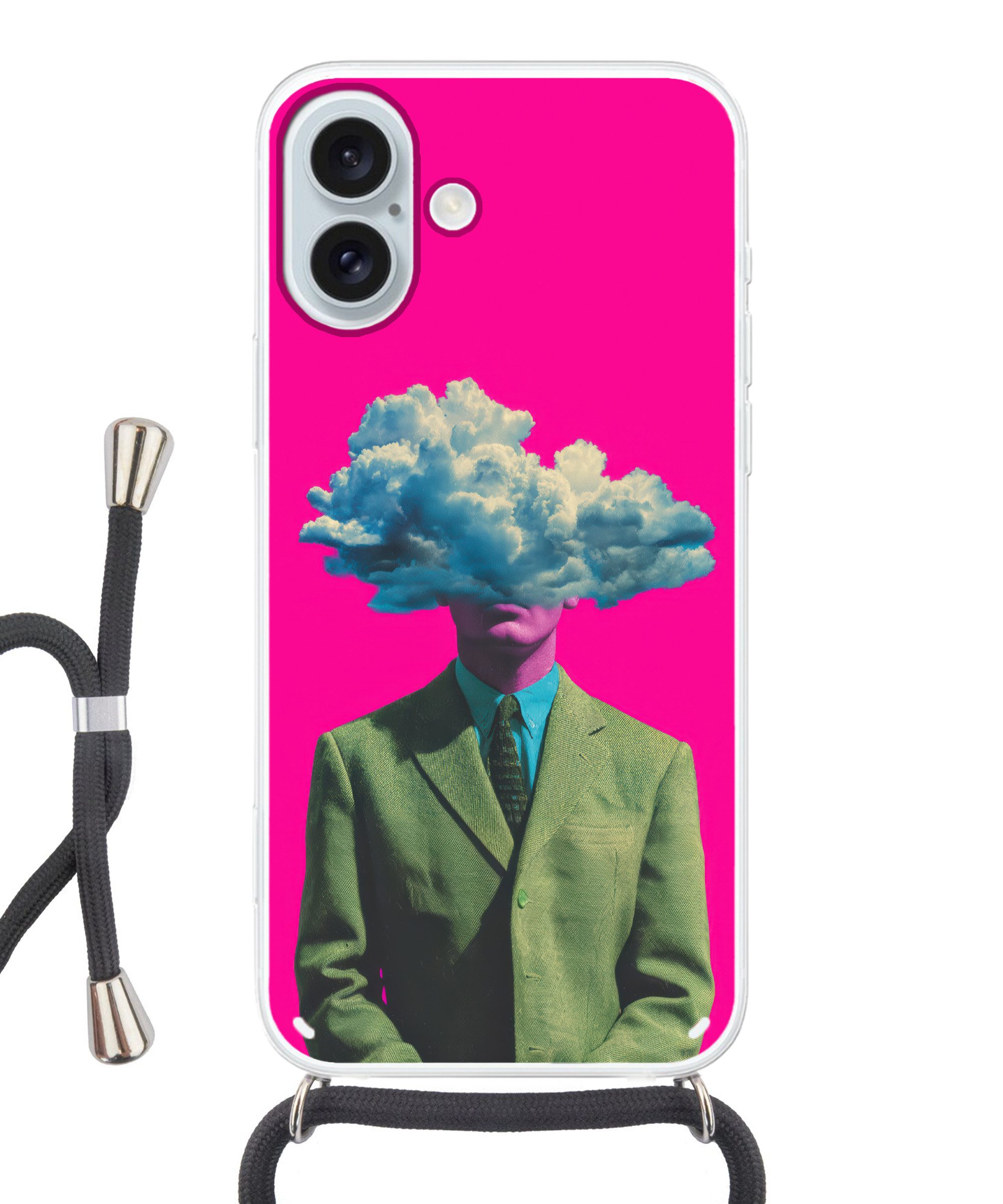 MuchoWow Handyhülle für Apple iPhone 16 Plus Mann - Anzug - Wolke - Rosa, Tragbare Handyhüllen mit Kette zum umhängen, Handykette Handyband