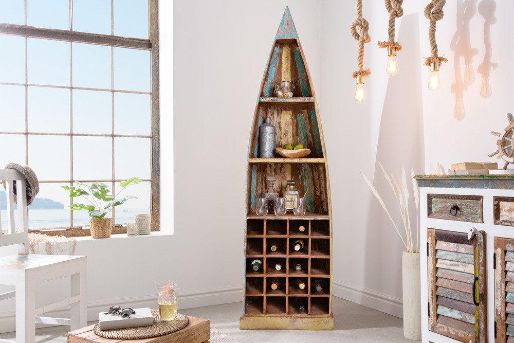 riess-ambiente Weinregal JAKARTA 190cm natur / braun / bunt, Einzelartikel 1-tlg., Wohnzimmer · Massivholz · Boot · stehend · für 20 Flaschen · Boho