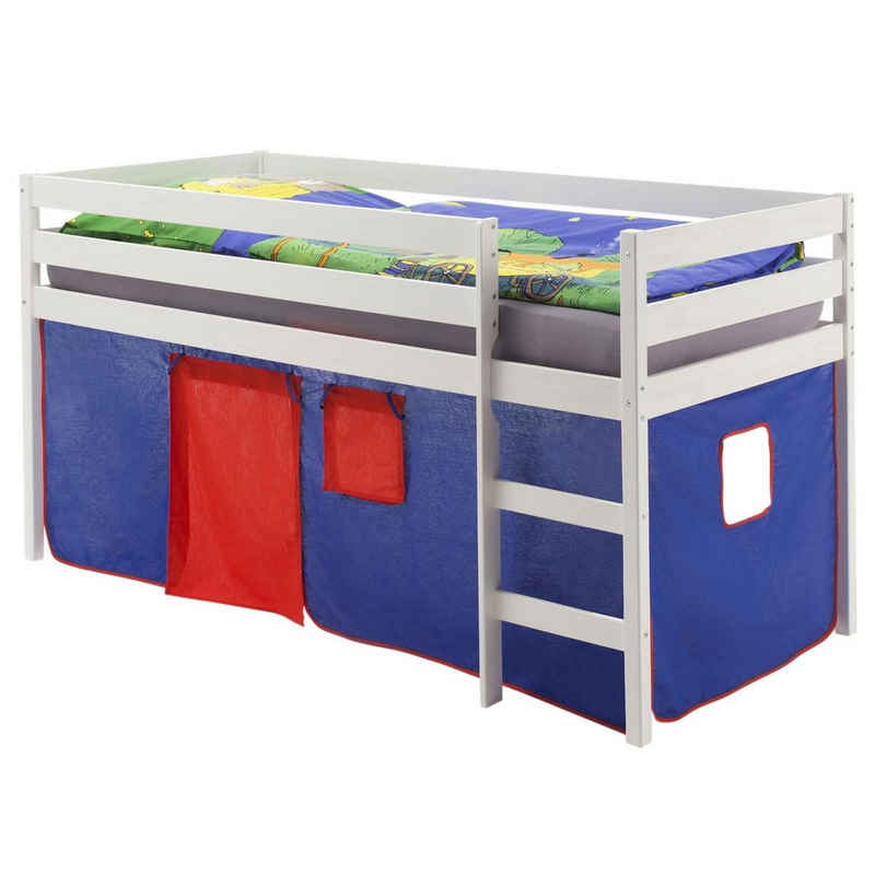 IDIMEX Hochbett ERIK Hochbett Spielbett Kinderbett Kiefer massiv weiss mit Vorhang blau/rot