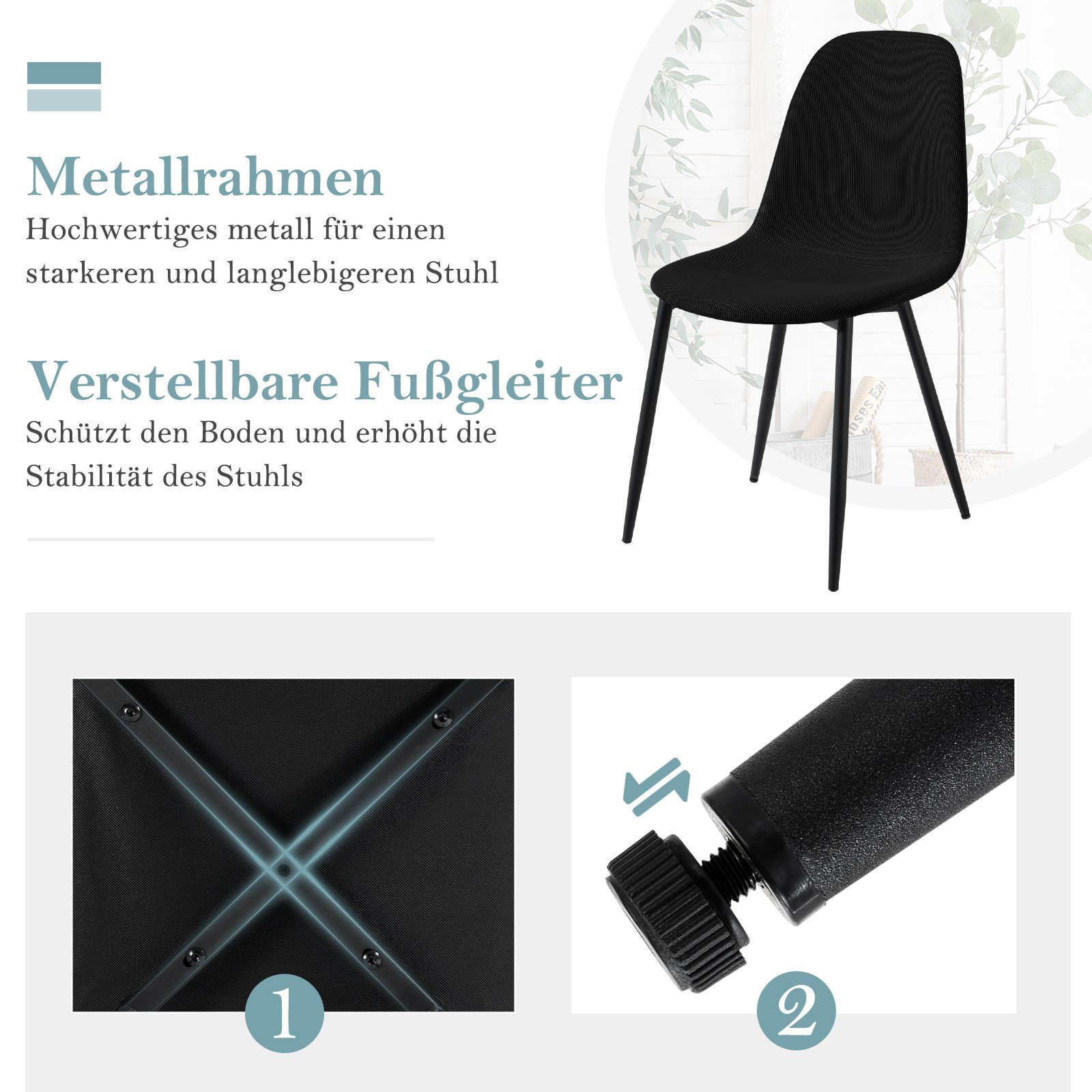 aus Schwarz Küchenstuhl EUGAD Skandinavisch (4 Cord Metallbeine, Esszimmerstühle modern, St),