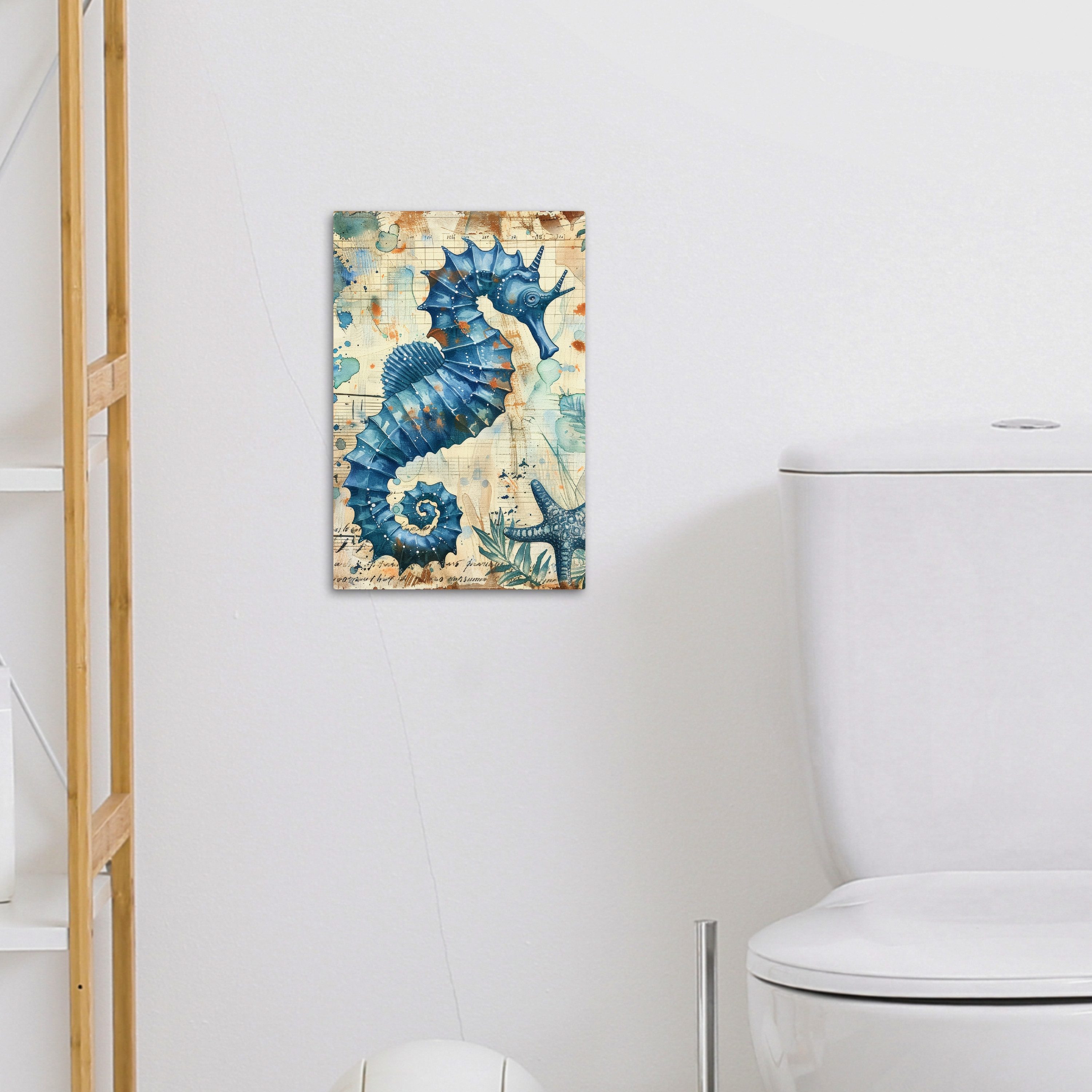 OneMillionCanvasses® Leinwandbild Vintage - Meerestiere - Seepferdchen - Aquarell - Blau, Fotodruck (1 St), Badezimmer Deko, Bilder WC, Toilette Wanddeko 20x30  – Bild 4 von 5