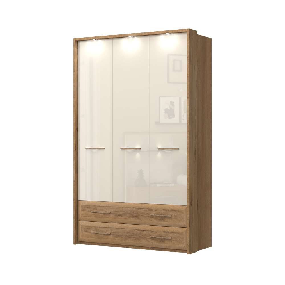 Home affaire Kleiderschrank Gala, beige hochglänzend UV lackiert, kratzfest, FSC-zertifiziert (abgerundete Schubladen aus MDF im Holzdekor, soft-close) mit Beleuchtung und Passpartourahmen, hoher Schrank (224cm), 2 Breiten