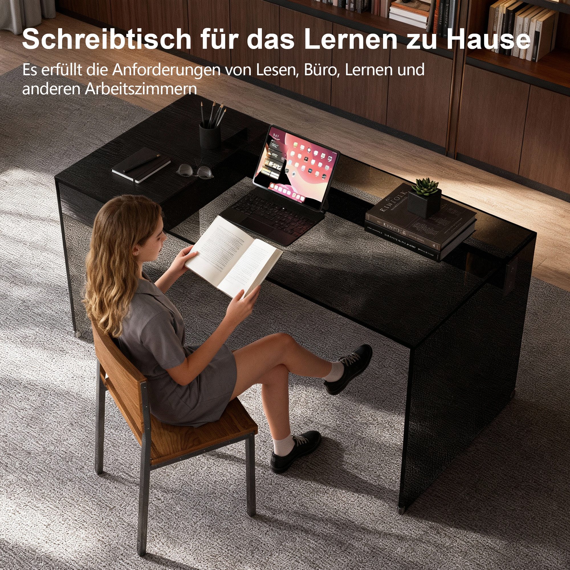 oleyluckidea Schreibtisch Schreibtisch mit Schubladen aus Sicherheitsglas stoßfest Schwarz (Set, ein Tisch), Breite 135 cm