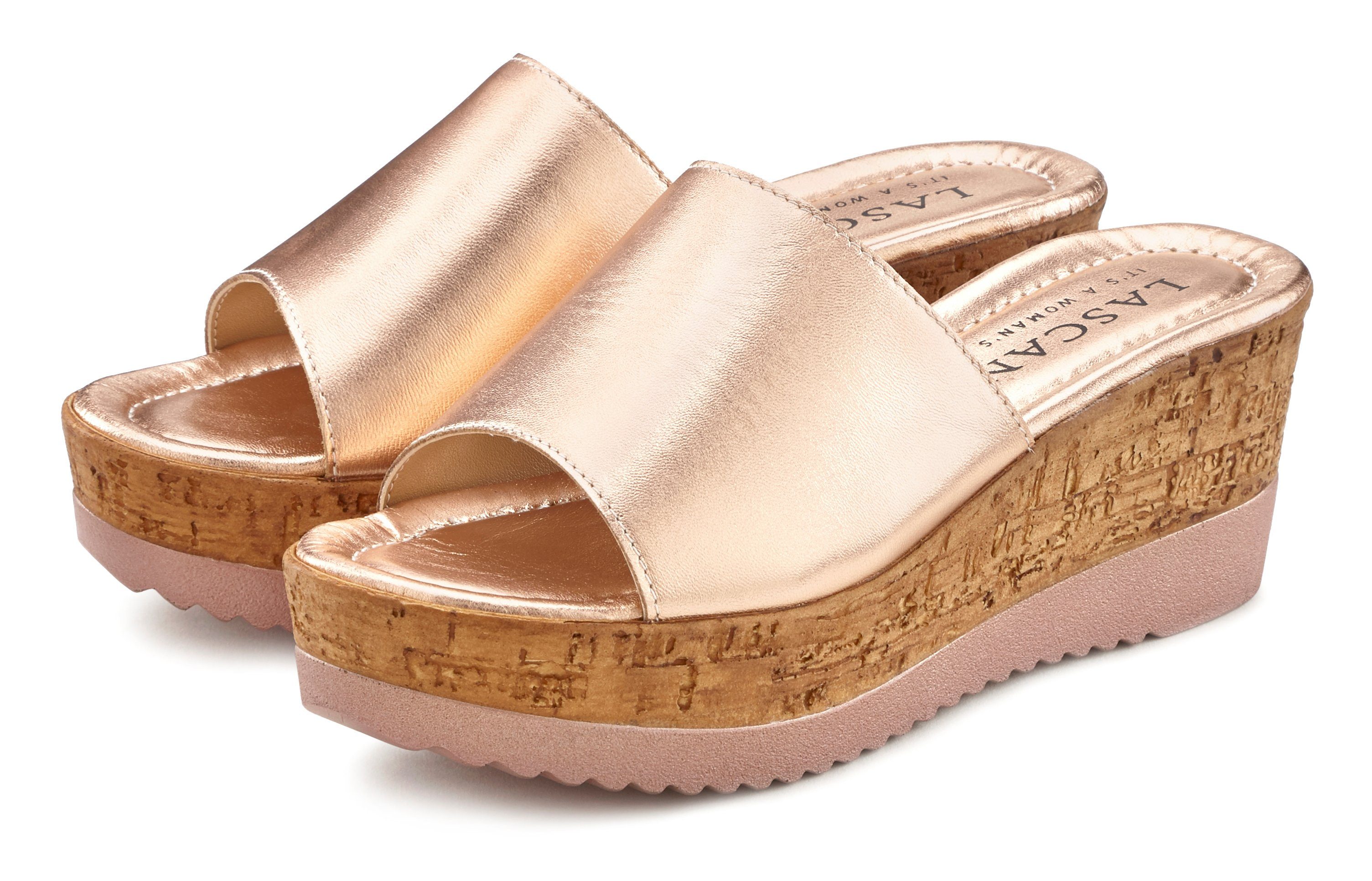 Sandale, aus Leder mit offener Pantolette LASCANA roségoldfarben Keilabsatz Schuh Mule,