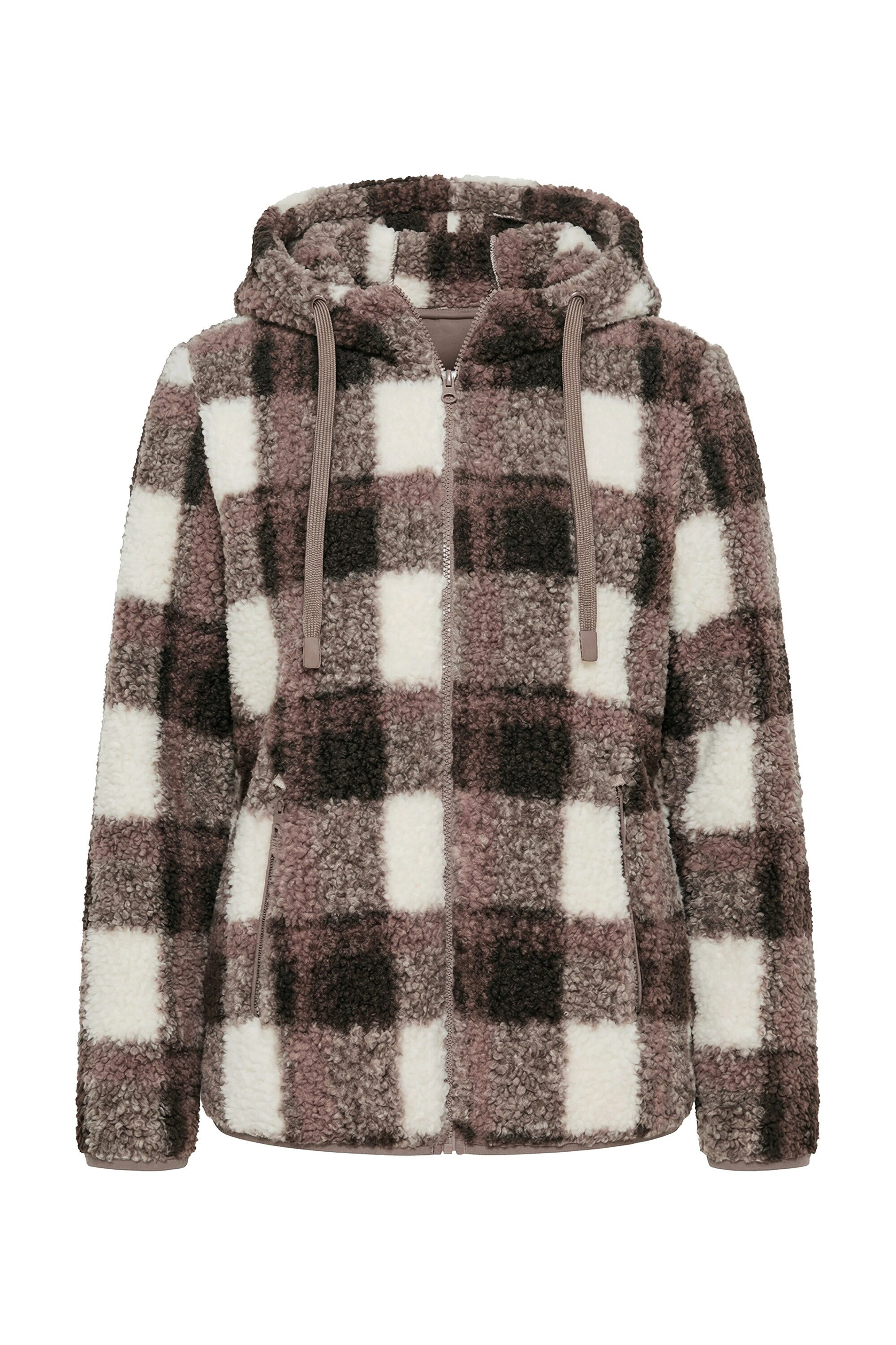 Ulla Popken Sweatjacke Teddy-Jacke Karo Kapuze Langarm