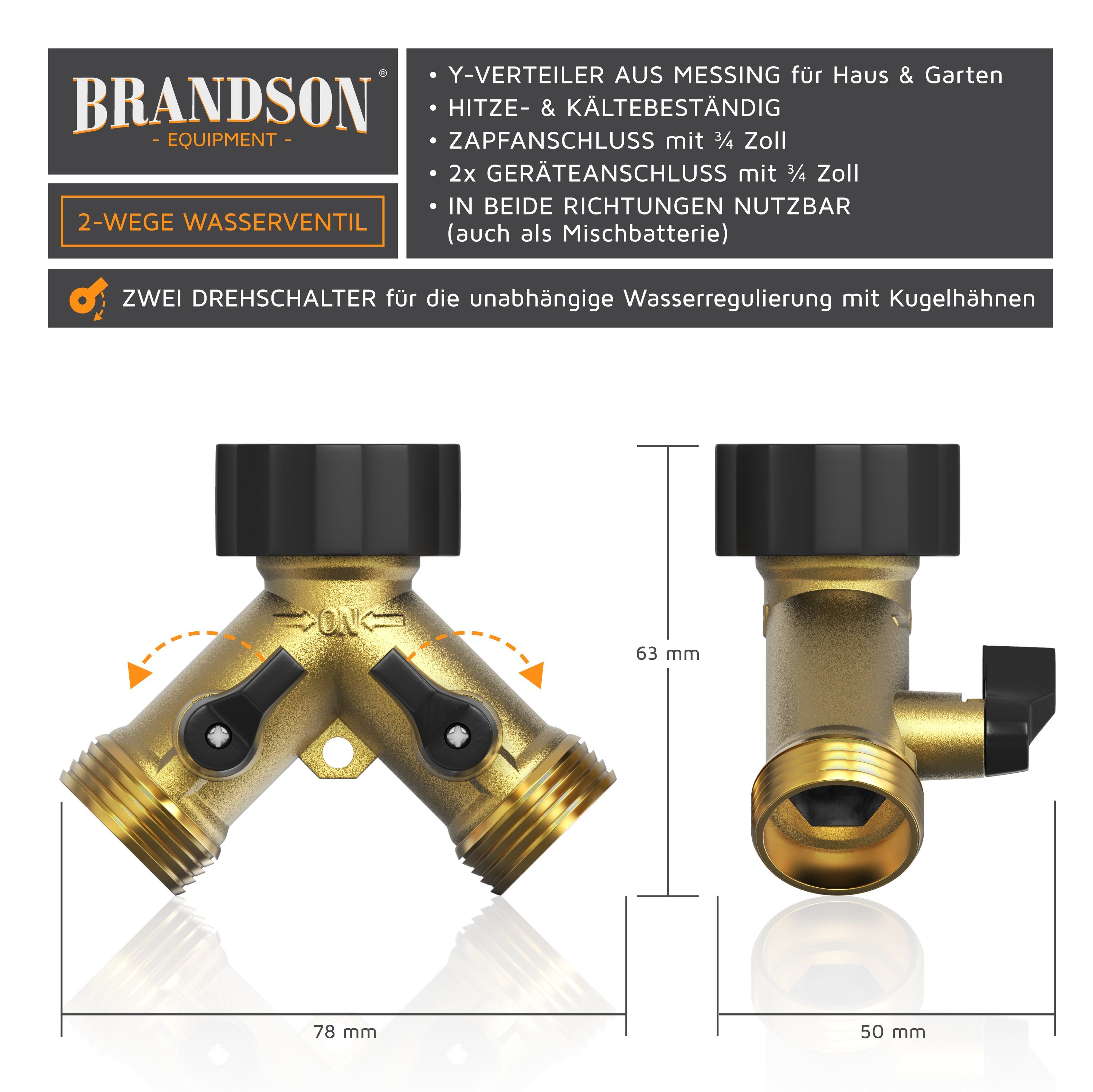Brandson 2-Wege Verteiler Y-Verteiler für 3/4 Zoll Anschluss, Wasserhahn Splitter aus Messing, (1-tlg., 2-Wege Y-Verteiler ¾ Zoll aus Messing), Wasserventil 2 Wege beide regulierbar, Material hitze & kältebeständig