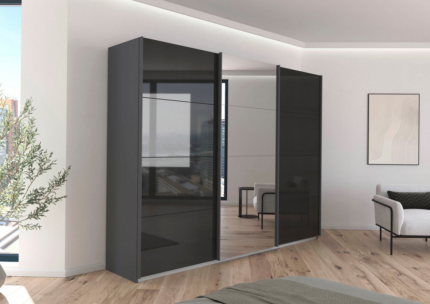 OTTO home Schwebetürenschrank Kleiderschrank Schrank Schlafzimmerschrank Garderobe AGORDO (Breiten 203/271/315/360 cm in drei Griff-Farben - NEU: Farbe SCHWARZ) Top Innenausstattung, in 4 Breiten und 2 Höhen MADE IN GERMANY