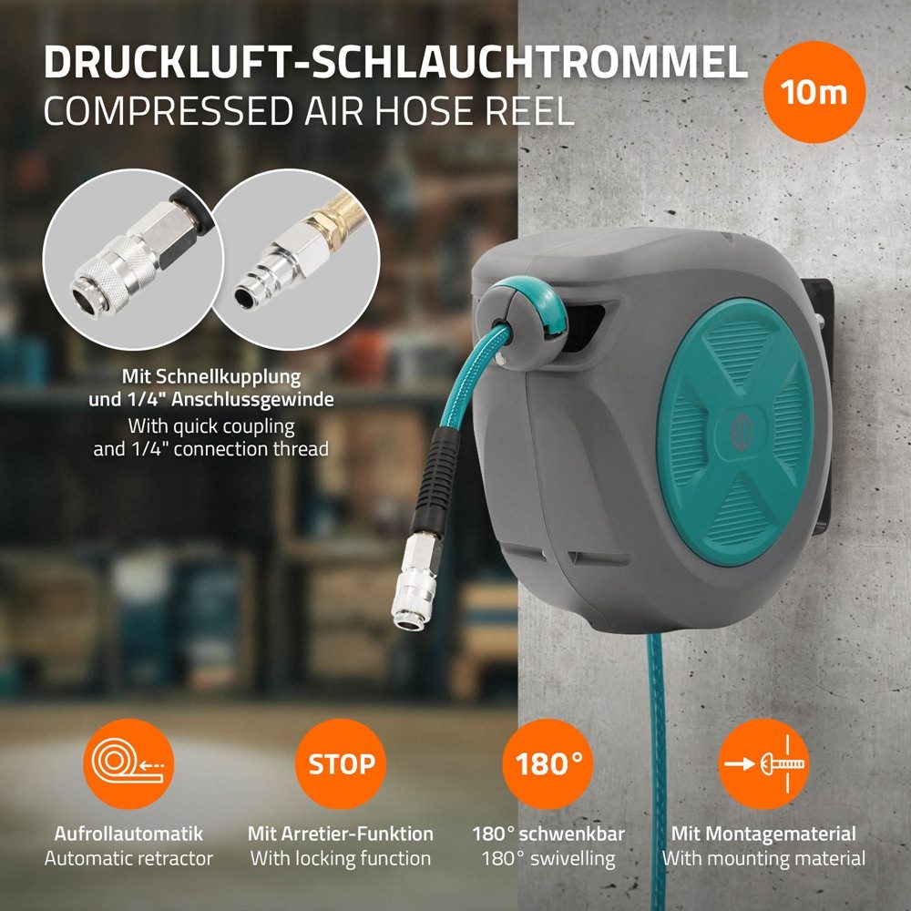 ECD Germany Druckluftschlauch Hochdruckschlauch Automatik Aufroller 1/4" Anschluss Arretierfunktion, Schlauchaufroller für Wandmontage 10m+1m 15 bar 180° schwenkbar Ø12mm