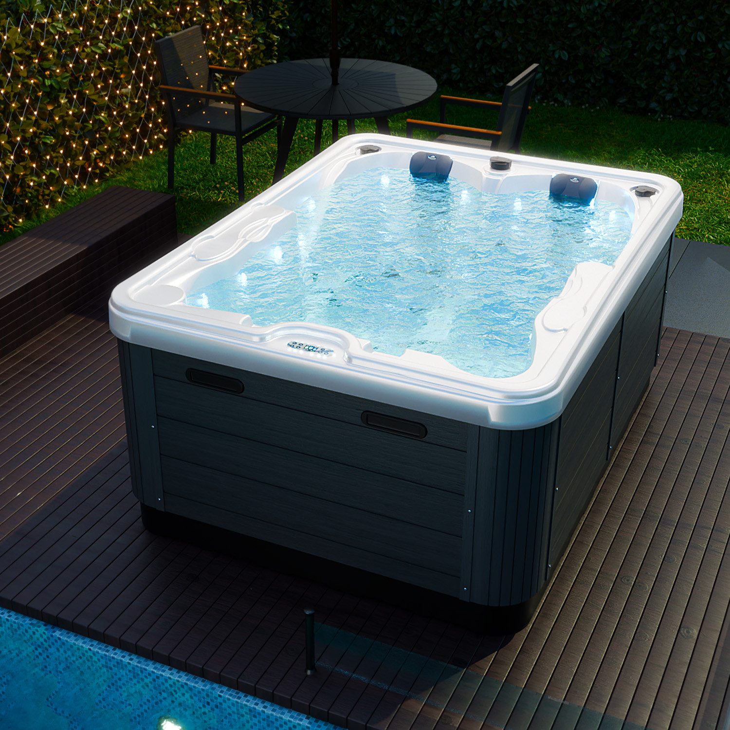 TroniTechnik Whirlpool Outdoor Whirlpool Bottaro Spa Weiß/Perlmutt 210x160, (620l, winterfest, Farblicht, Kissen), Joyonway, Aristech Acryl, LEDs, 46 Düsen