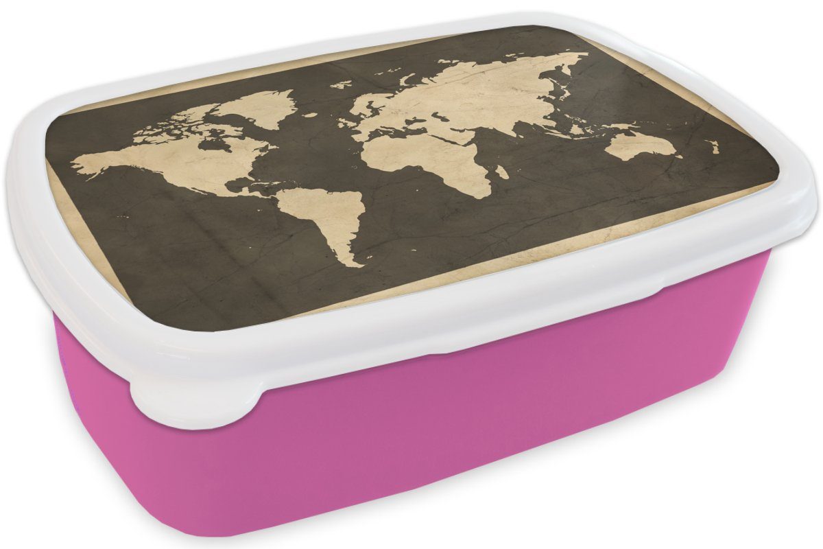 Weltkarte - Brotdose rosa Erwachsene, Kunststoff - Kinder, Mädchen, Holz, Brotbox für MuchoWow Kunststoff, Snackbox, Lunchbox (2-tlg), Vintage