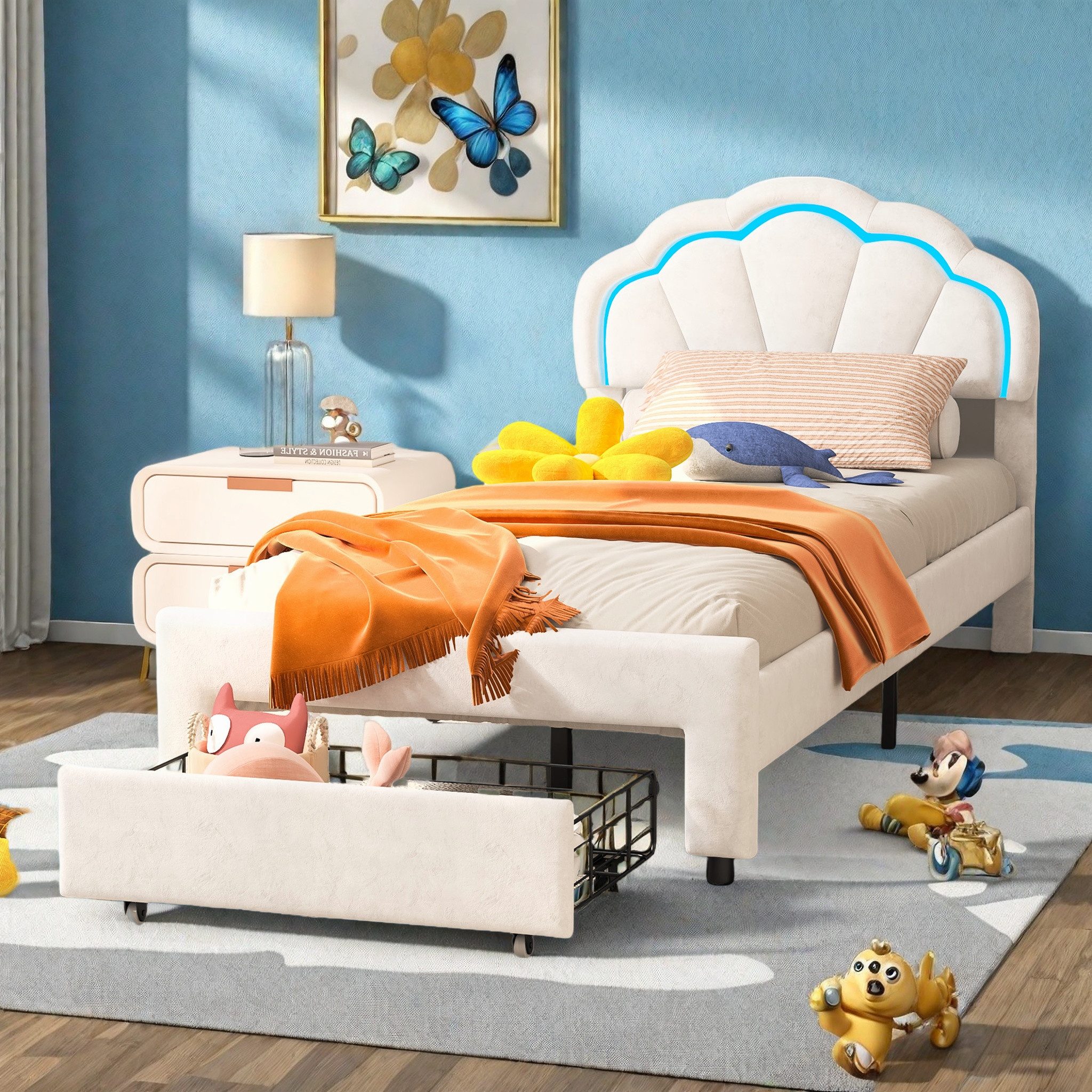 Yelenaro Kinderbett Polsterbett Mit Schubladen (Packung, 1-tlg), 90x200 cm,Kopfteil und Bettgestell,Samtstoff,Weiß – Bild 5 von 5