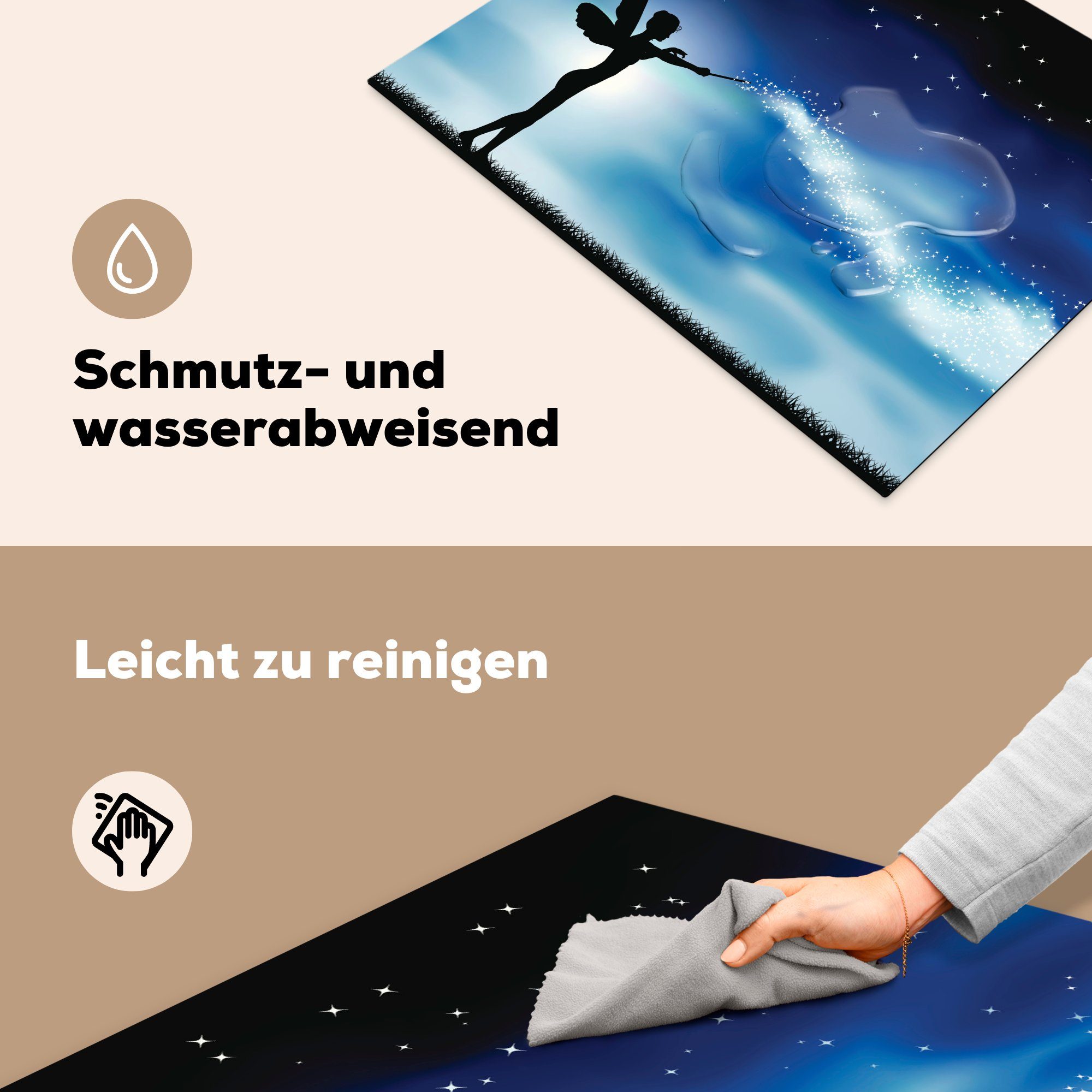 MuchoWow Herdblende-/Abdeckplatte Eine Illustration 70x52 (1 Arbeitsfläche Zauberstab cm, Fee, einer die nutzbar, ihren tlg), benutzt, Mobile Vinyl, Ceranfeldabdeckung