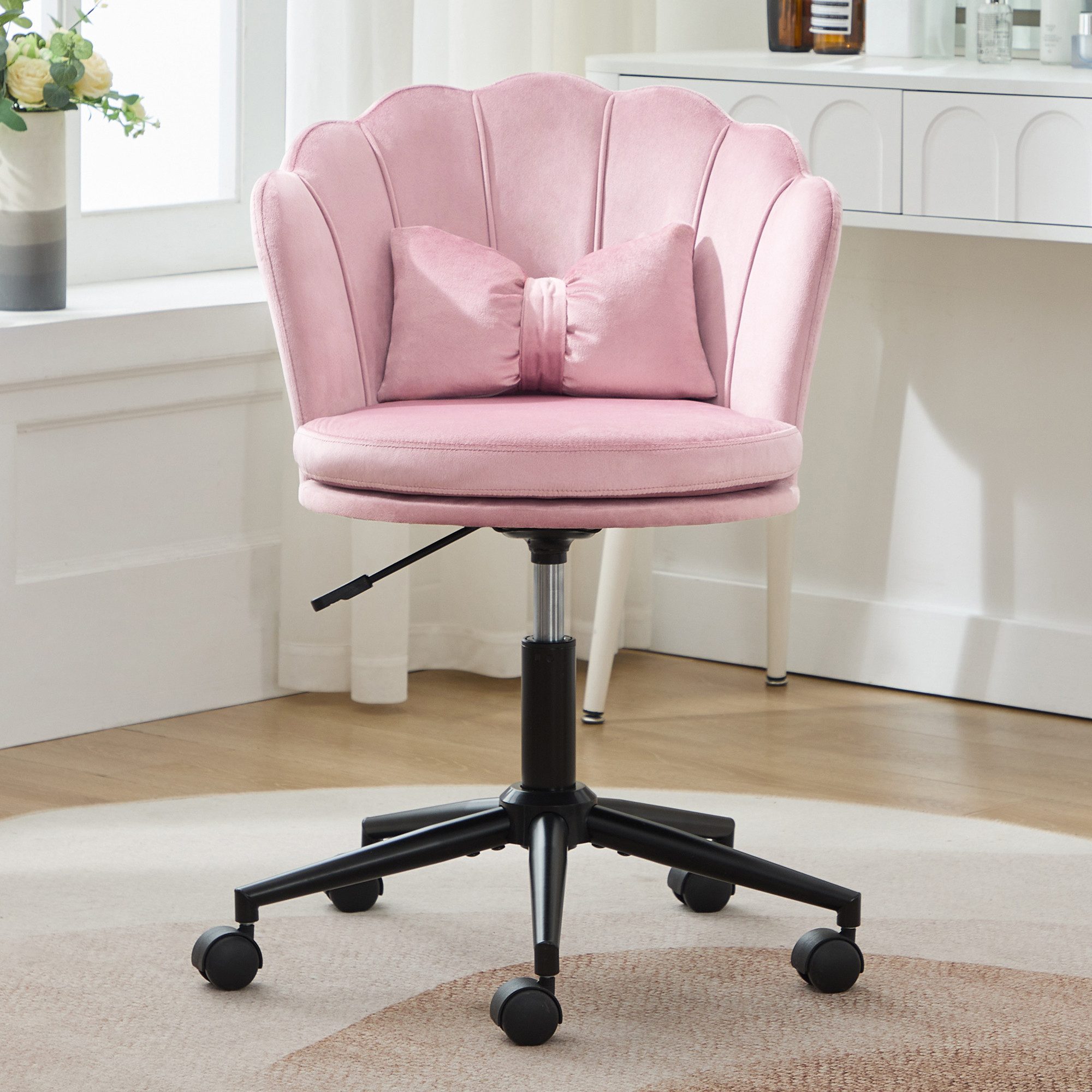 STILVORA Drehstuhl mit Lendenkissen,Bürostuhl mit blütenblattförmige Rückenlehne,Rosa (Ankleidestuhl, Bürostuhl, 1 St), blütenblattförmige Rückenlehne, schmetterlingsförmiges Lendenkissen