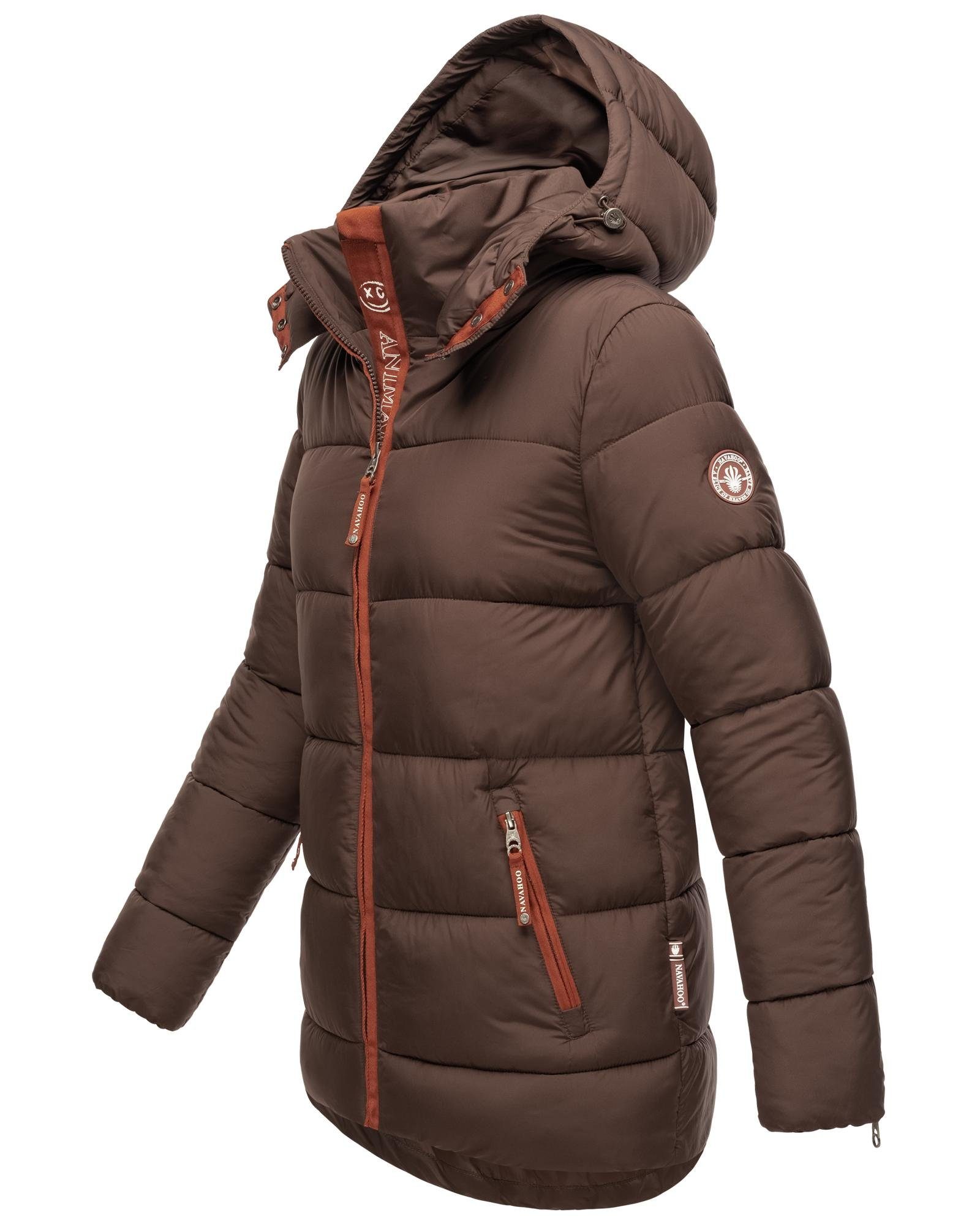 Details Navahoo mit Wattewölkchen dunkelbraun Modische Damen Winterjacke Steppjacke kontrastfarbenen