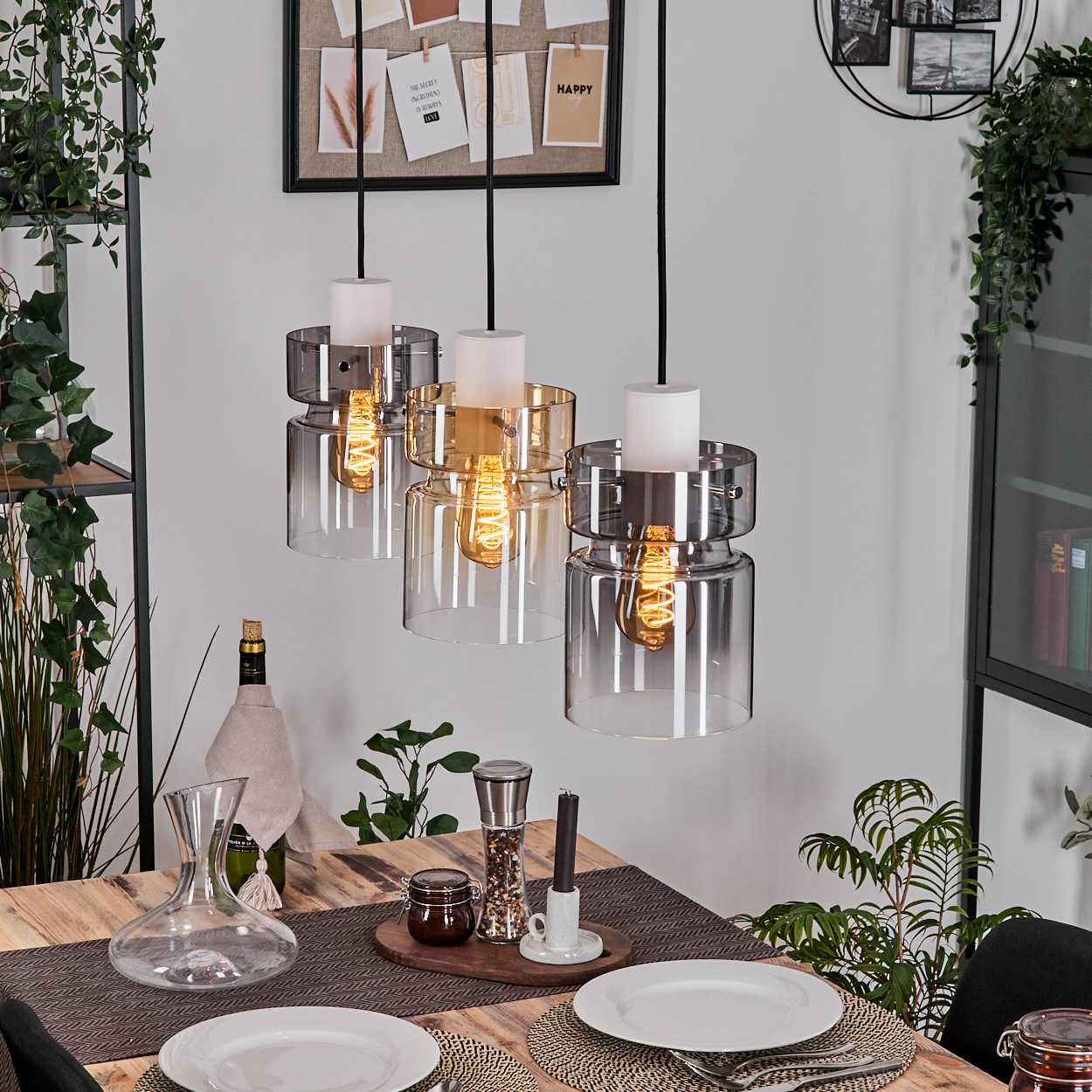 hofstein Hängeleuchte 3-flammige Hängelampe aus Metall/Glas in Weiß/Rauch/Bernstein/Klar, ohne Leuchtmittel, Retro/Vintage-Pendelleuchte (15cm), E27, verstellbar bis 150cm