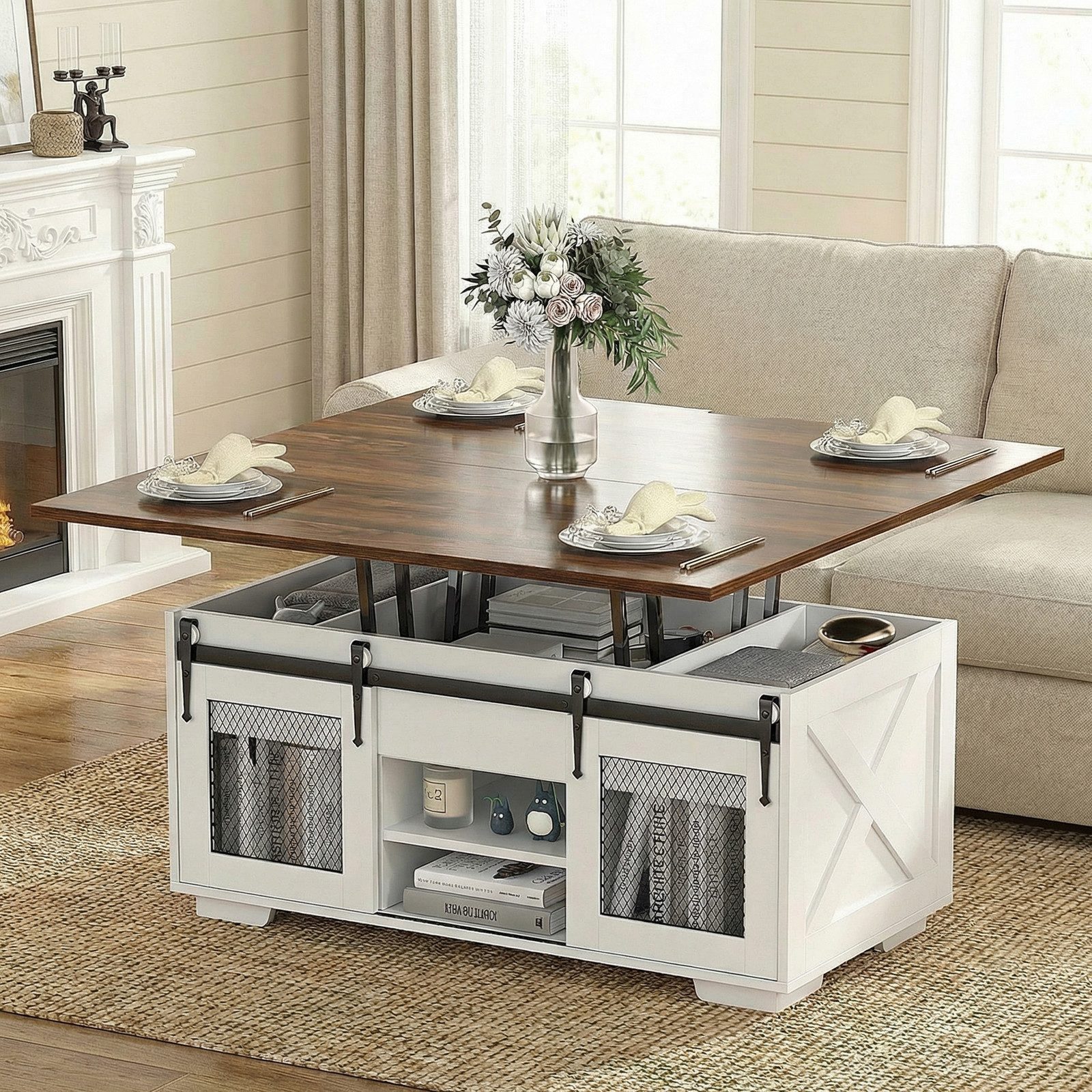 VOWNER Couchtisch mit klappbarer Tischplatte, Höhenverstellung & Stauraum (1-St), 3-in-1-Multifunktions-Wohnzimmertisch